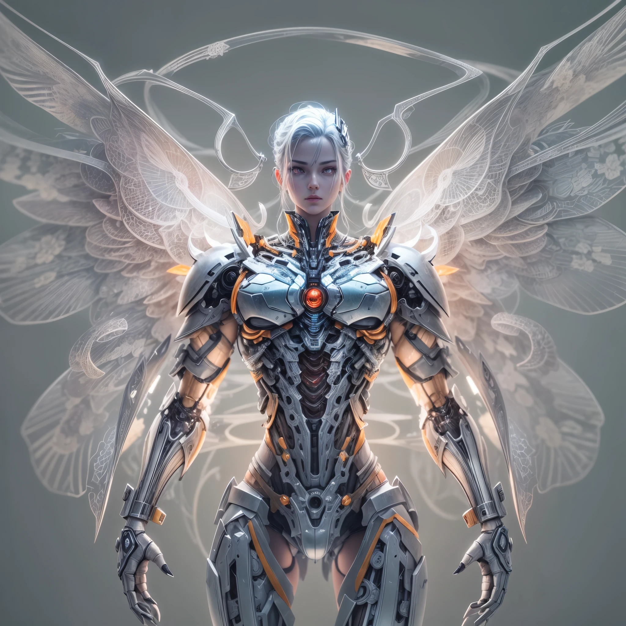 today's challenge theme,full body, Against a pure light gray background, A mixture of biology and machinery, a transparent mechanical angel, Complex and precise internal structure, Luminous neon lamp,(high detail, masterpiece, best quality, UHD, Sharpen details)
