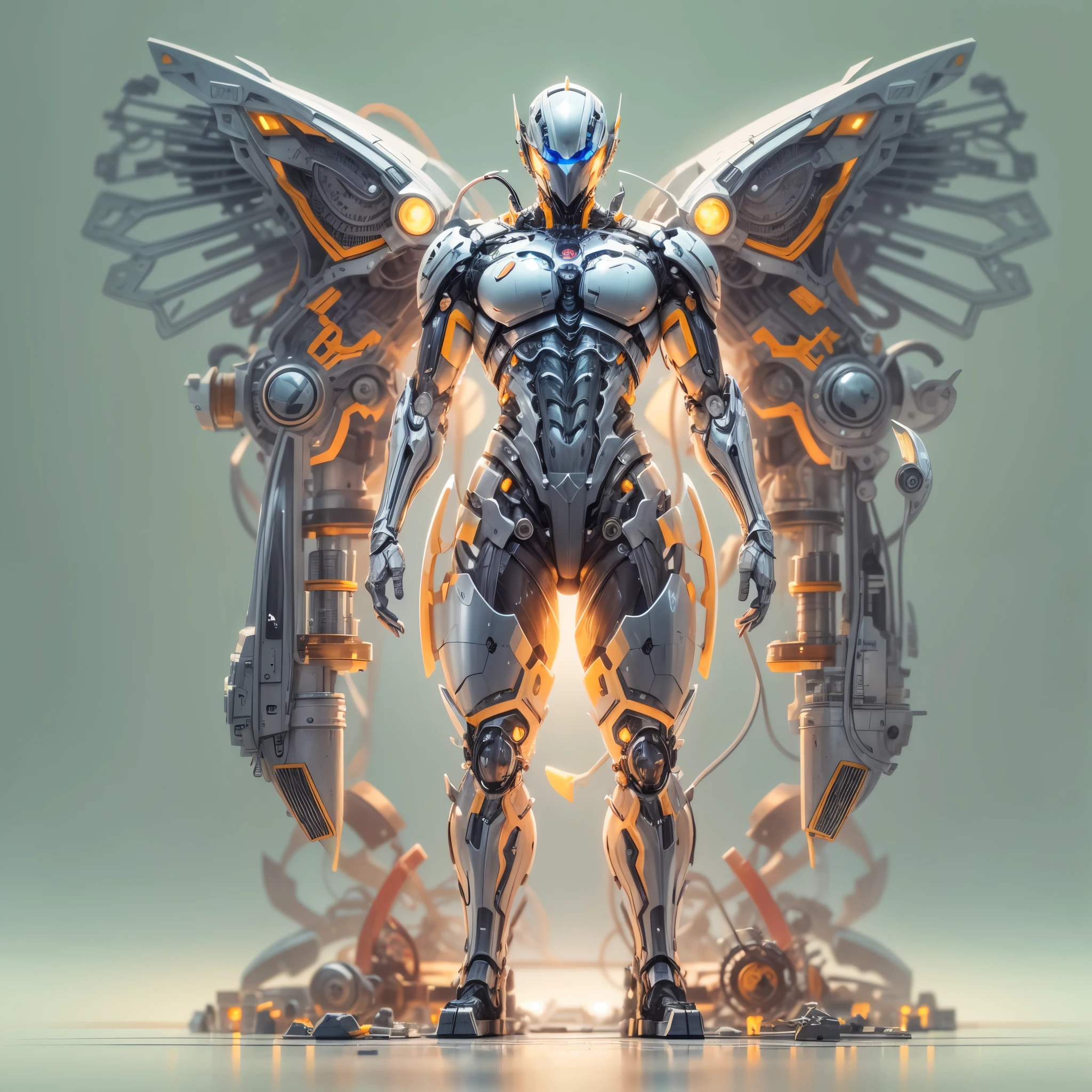 Today’s challenge topic,whole body, solid light grey background, The combination of biology and machinery, Transparent mechanical angel, The internal structure is complex and precise, glowing neon lights,(high detail, masterpiece, best quality, ultra high definition, Sharpen details)