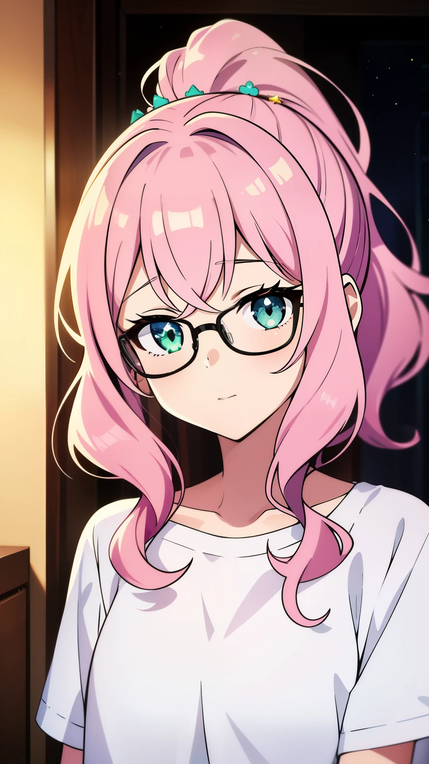 (high-quality, breathtaking),(expressive eyes, perfect face) 1girl, female, solo, teenager, soft light pink hair, green eye color, medium hair length, wavy curly hair, looking at viewer, half body, soft smile, kind face, shy girl, white skin, dark purple shirt, stars pattern shirt, thin black frame glasses, loose pj shorts, cutesy bedroom background, fairy lights, cute ponytail, portrait, sickly