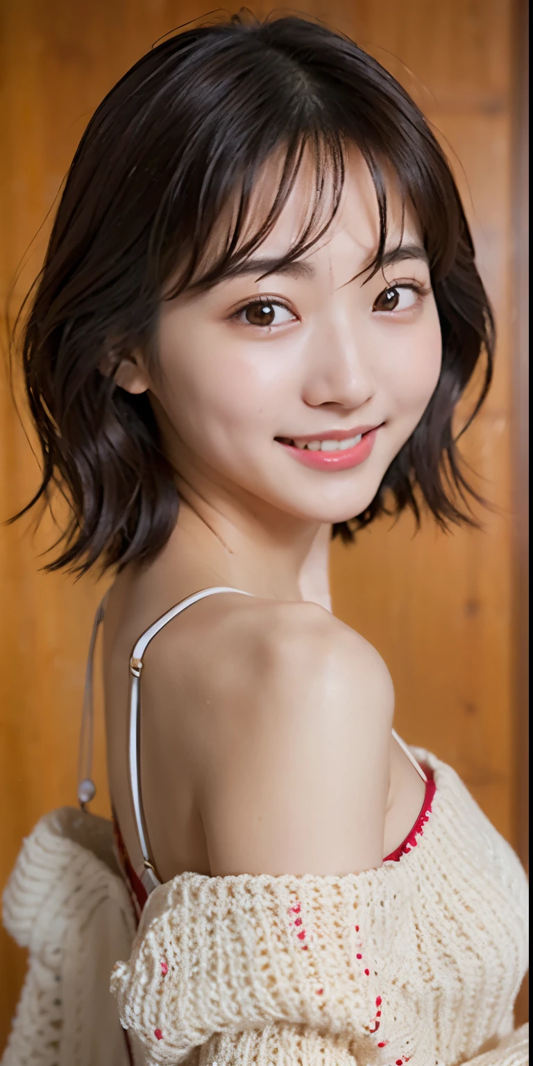 incredibly absurd, beautiful and cute 20-year-old Korean girl with a photorealistic face, showcasing top-quality craftsmanship. Her slender frame adorned with short, messy hair. The artwork high-resolution, allowing for ultra-detailed features to be captured flawlessly. The girl is wearing Christmas Costume. The focus lies on the realistic pupils, showcasing depth and emotion. ((breasts out)) cute smile.