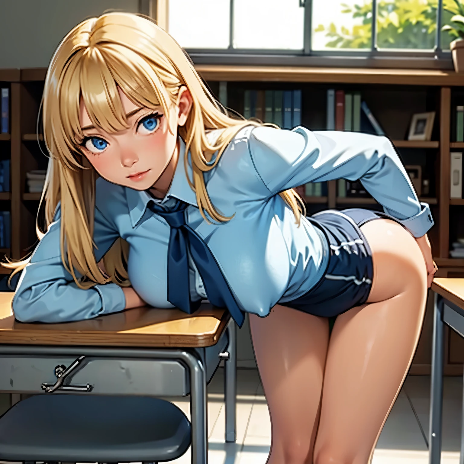 Blonde, blue eyes, , cute, , big breast, bending over a class room desk