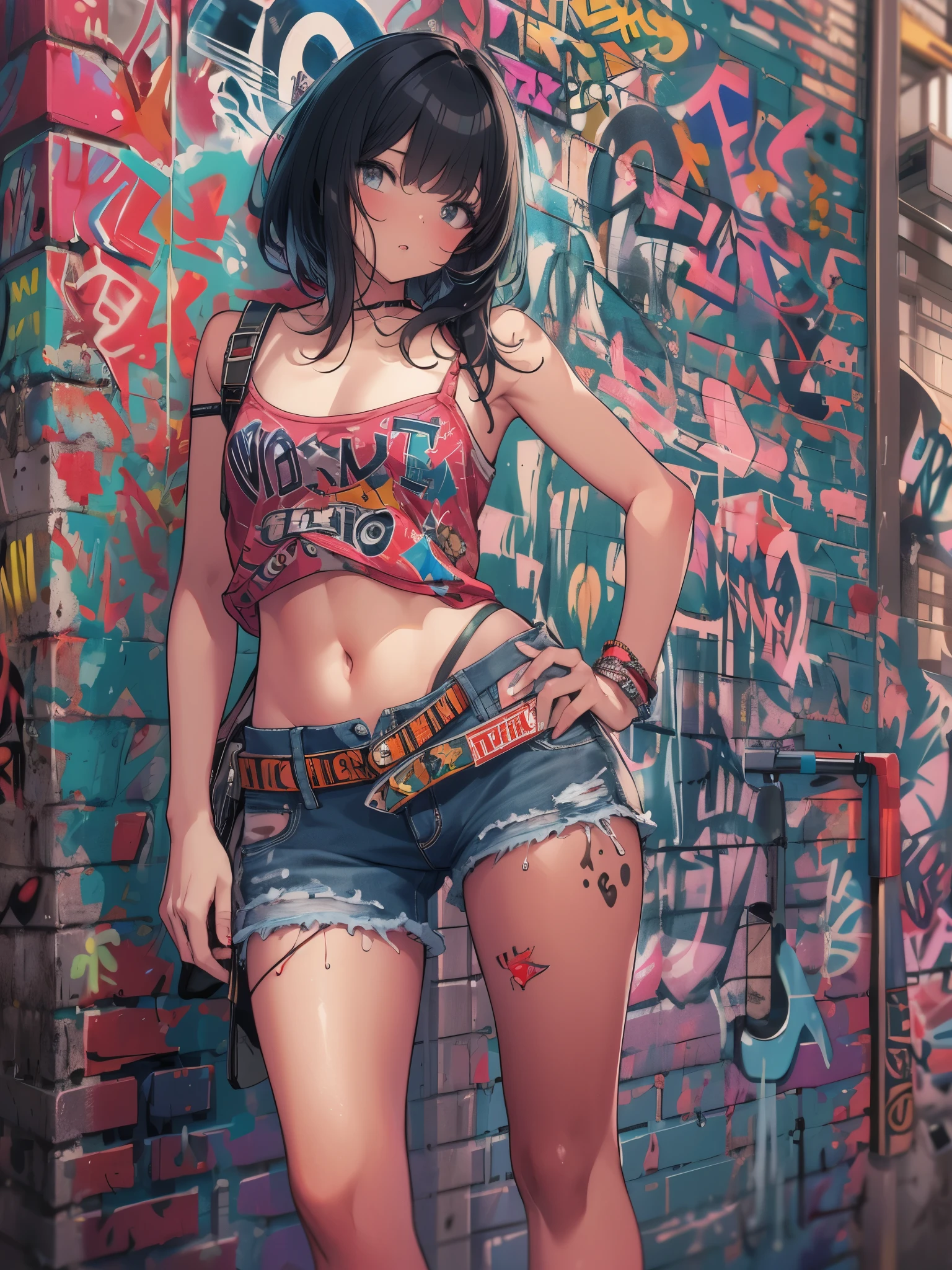 (cowboy shot), (best quality, ultra-high resolution, depth of field:1.2), adult, 1woman, toned body, medium breasts, wide hips, black hair, streaked hair, short hair, bangs, crop top, high-leg bikini, bikini string, denim jeans, (graffiti:1.4), paint-stained clothes, slouching, against wall, looking at viewer, upturned eyes, head tilt, bored, hands behind back, multiple points of view