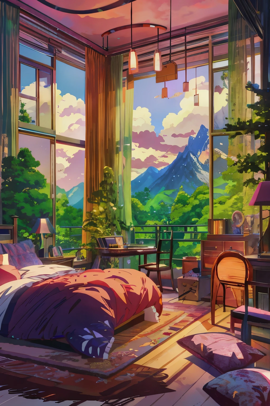anime bedroom with a view of the mountains and trees, anime background art, anime background, anime scenery, relaxing environment, bedroom in studio ghibli, personal room background, dream scenery art, anime nature, anime landscape, beautiful anime scenery, anime scenery concept art, anime nature wallpap, anime art wallpaper 4 k, anime art wallpaper 4k, anime art wallpaper 8 k