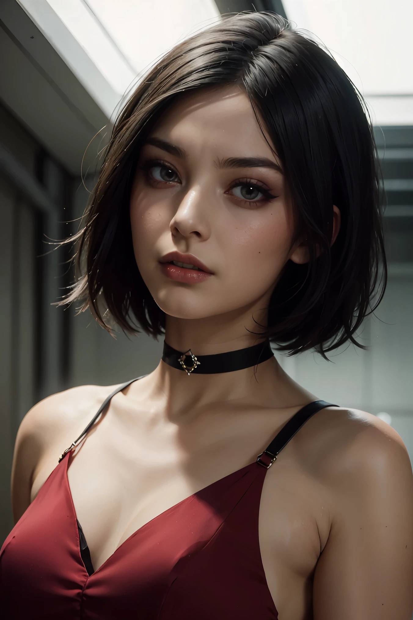 A stunning full color intricate portrait in Ultra-HD, 24 year old girl, detailed face, short black hair, black eyes, makeup, red dress, neckline, right side sheath, choker, epic character composition. . alessio albi, nina masic, sharp focus, natural lighting, subsurface dispersion, f2, 35mm