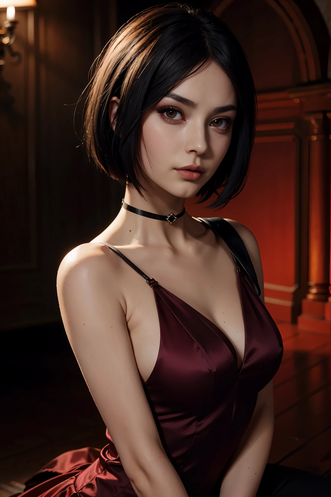 A stunning full color intricate portrait in Ultra-HD, 24 year old girl, detailed face, short black hair, black eyes, makeup, red dress, neckline, right side sheath, choker, epic character composition. . alessio albi, nina masic, sharp focus, natural lighting, subsurface dispersion, f2, 35mm