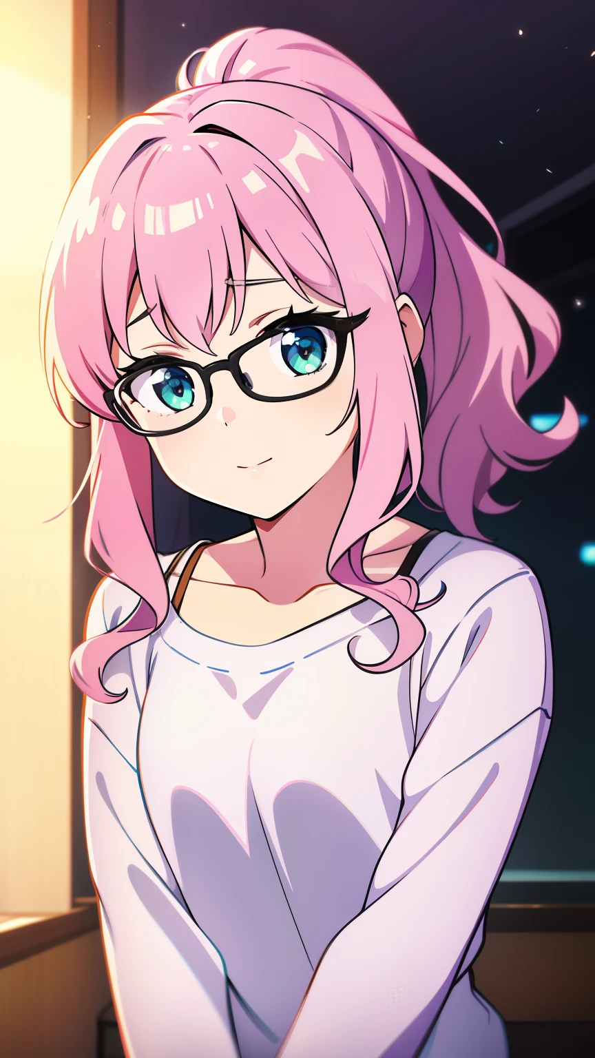 (high-quality, breathtaking),(expressive eyes, perfect face) 1girl, female, solo, teenager, soft light pink hair, green eye color, medium hair length, wavy curly hair, looking at viewer, half body, soft smile, kind face, shy girl, white skin, dark purple shirt, stars pattern shirt, thin black frame glasses, loose pj shorts, cutesy bedroom background, fairy lights, cute ponytail, portrait, sickly
