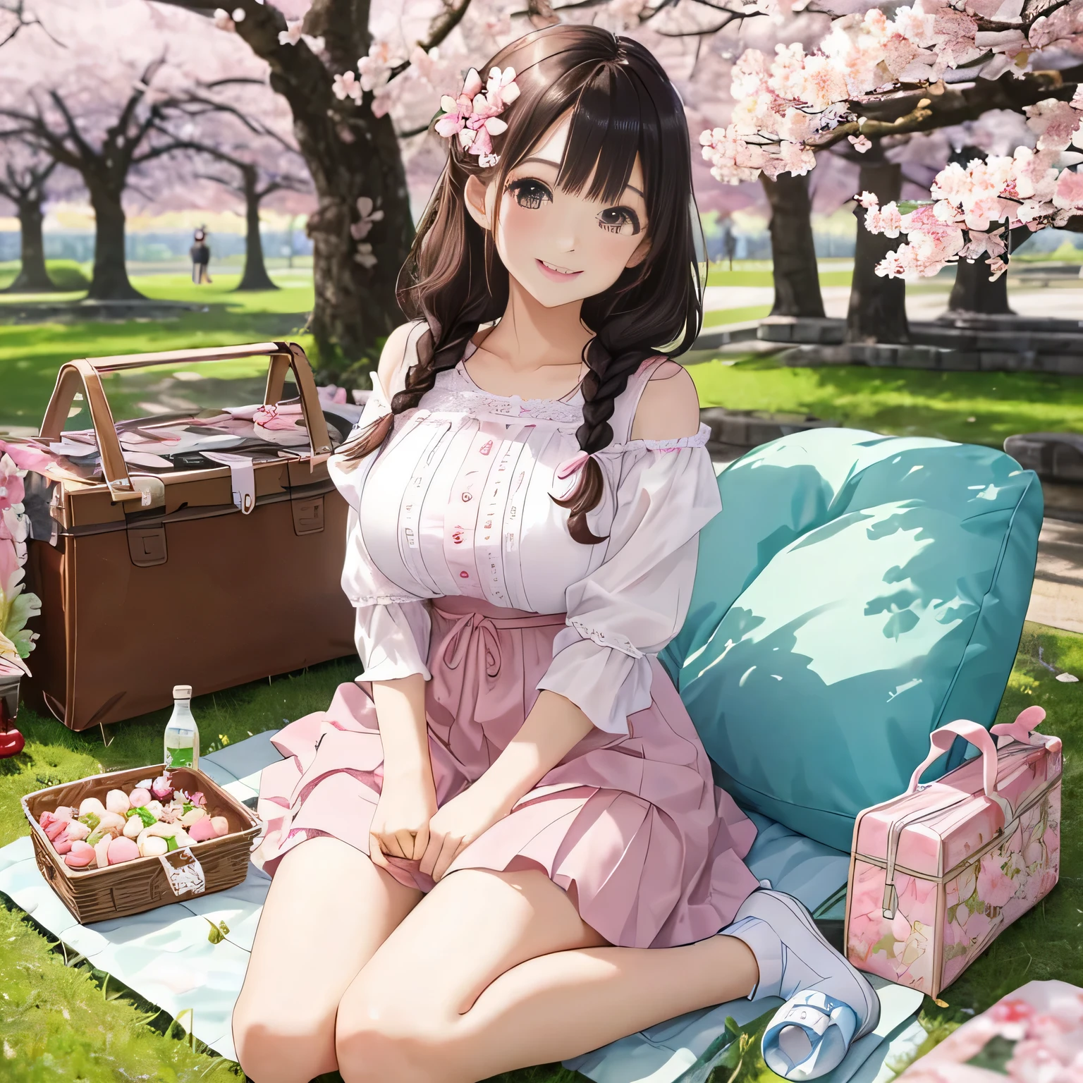 highest quality、High resolution、detailed background、beautiful and detailed face、beautiful and smooth skin、skin texture、professional lighting、Beautiful teenage girl、(two women)、(huge breasts:1.2)、cute hair color、Cute Braid Hairstyles、smile、enjoy、laughter、smile、sexual expression、look at me playfully、
spring casual outfit、
Choose tops or dresses with floral or cherry blossom patterns to create a spring-like atmosphere..、
Pair it with a pastel-colored skirt for a cuter look..、
my legs are、Pair it with pumps or flat shoes for a feminine look..、
Make it even cuter by using flower hairpins or ribbons as accessories..、
that is a typical spring event and is held in Japan to celebrate the blooming of cherry blossoms.、
Enjoy a picnic under the cherry blossom trees、Enjoy cherry blossom viewing in the park or along the river.、
We will provide a pad for you to sit on., Leisure sheets, blue sheets, etc..、
Cushions and folding chairs can also be used..、
Please bring your own food and drinks., alcohol, Bento, And sweets.、
that is common to enjoy lunch boxes and drinks in a picnic mood.、
that'It's also a good idea to prepare dishes that are perfect for cherry blossom viewing., Onigiri etc., sushi, And cherry blossom viewing bento.、
In addition to spending time under the cherry blossom trees、, You can also enjoy shopping and eating and drinking at nearby shops and food stalls..、
景色と舞う桜の花びらをenjoy, Play music and have fun with friends and family, Playing games, Chat with.