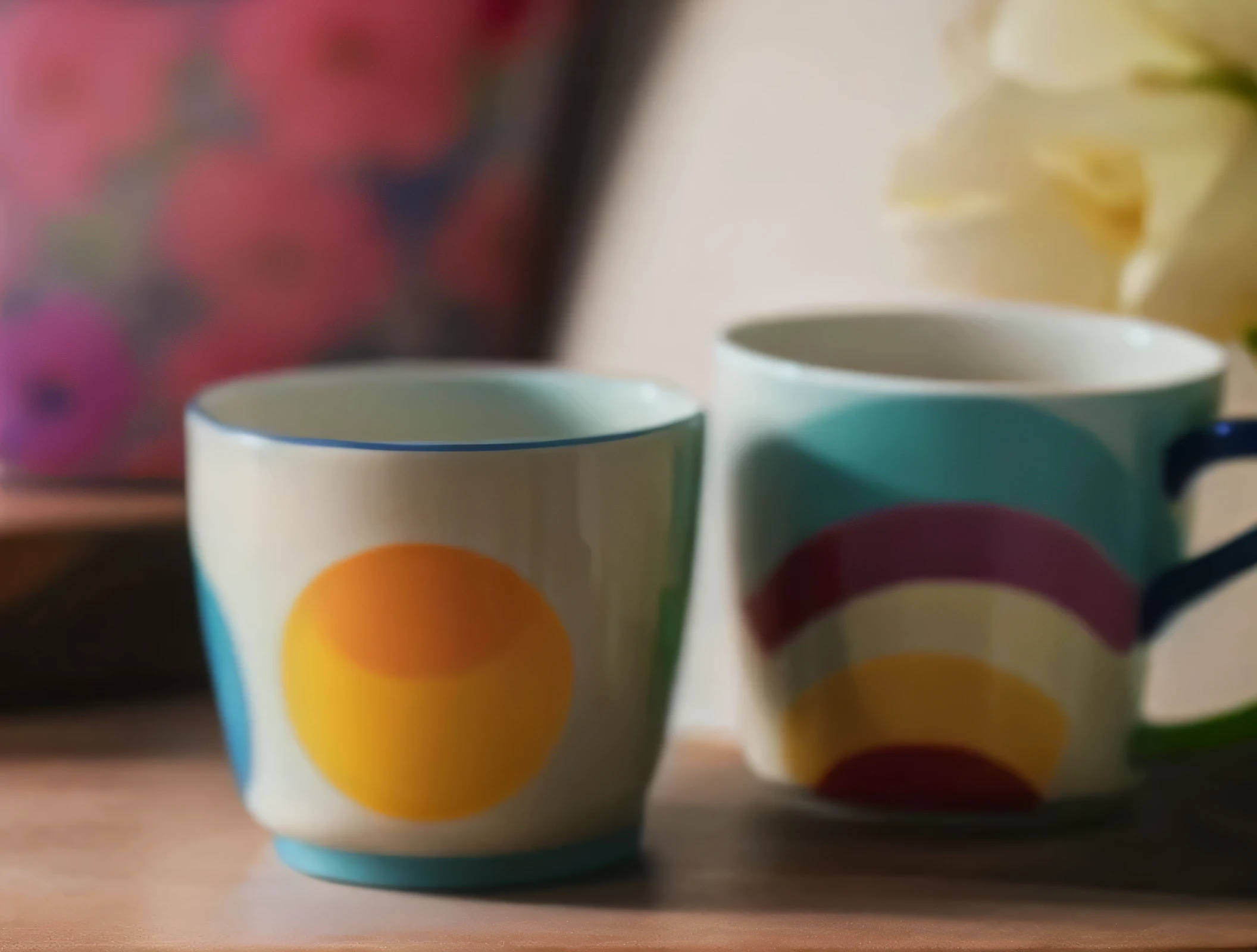 花旁边的架子上放着两个coffee cup, full of color w 1024, Detailed images, Emma Bridgewater and Paperchase, enamel, coffee cup, full of color, Morning mood, gentle waves, Graphic details, detailed, Paul Rand, coffee cups, full of color 8-w 1024, detail shot