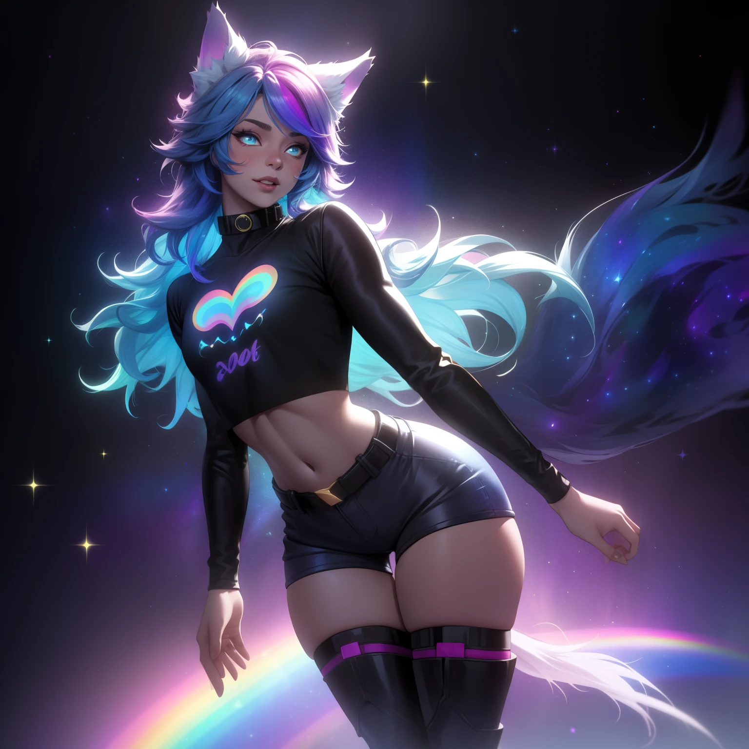 a short, skinny, young boy wearing a peacock inspired outfit, glowing blue eyes, wearing cropped t-shirt, flat chested, flat chest (SUPER FLAT CHEST) has wolf ears and a wolf tail, wide hips, pink lips, thick thighs, has long wavy rainbow gradient colored sparkly hair, twink, happy, blushing, flustered, curvy, solo, alone, (SOLO)(ALONE), has long wavy rainbow gradient colored sparkly hair, dynamic pose, dancing pose, wearing collar, showing thighs, risqué, crotch bulge 