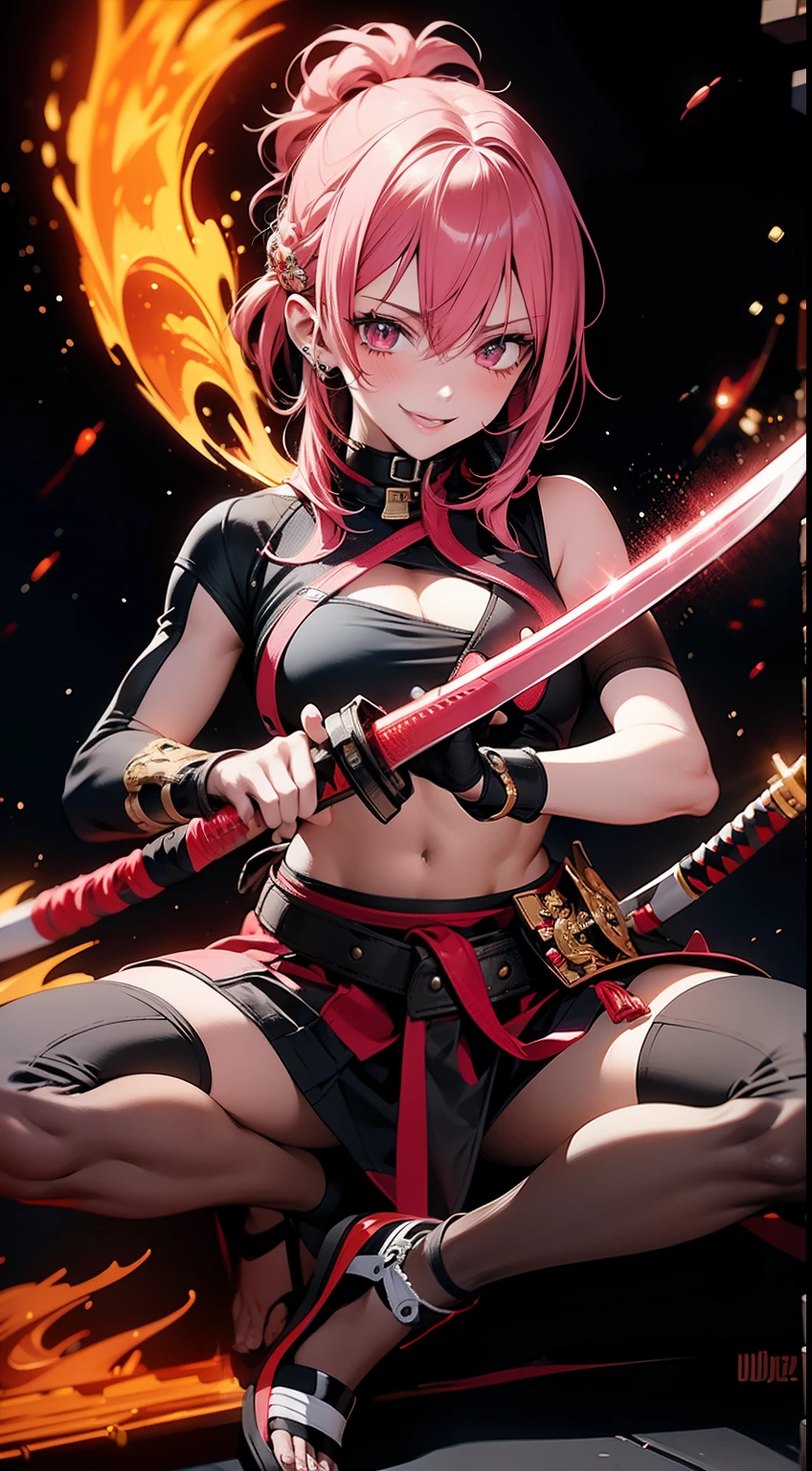 better hands, better fingers, ultra detailed face, perfect smile, five fingers, perfect hands holding a katana, flame blade, pink hair