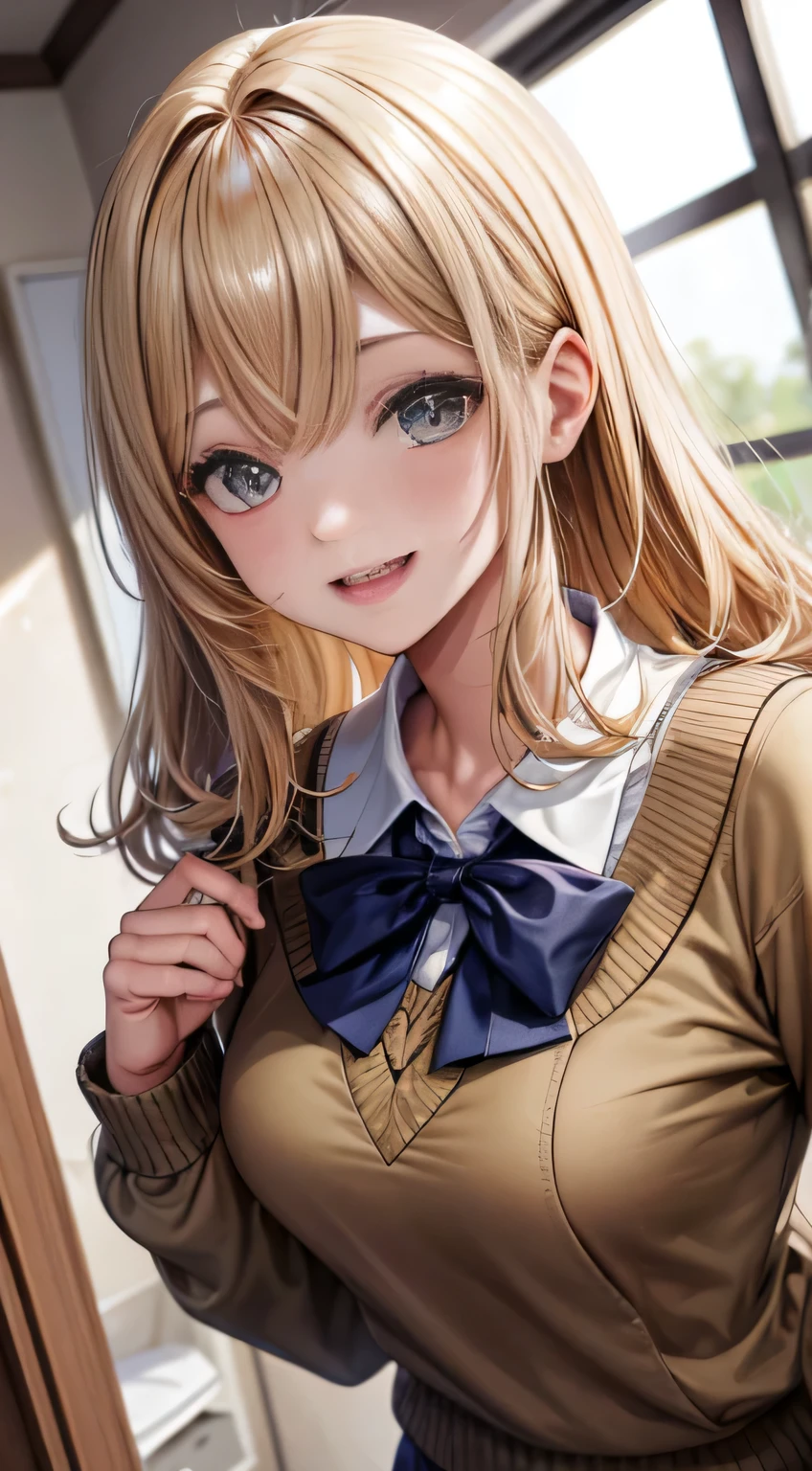 Calcinha branca,uniforme escolar,Khaki sweater,agachado,rosto fofo,Olhos grandes,sorridente,cabelo curto,cabelo dourado,olhos azuis,de baixo,na sala de aula,obra de arte, extremamente fino e lindo