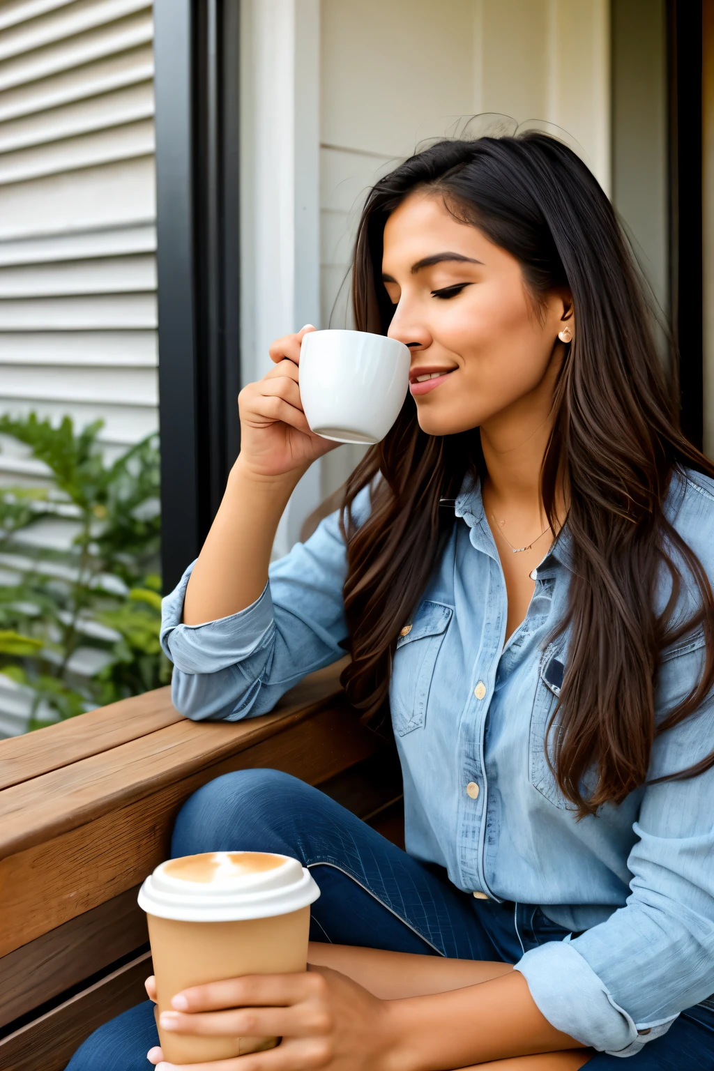 a beautiful woman sitting in front of her house drinking coffee with her left and right hands, ela usa seu smartphone