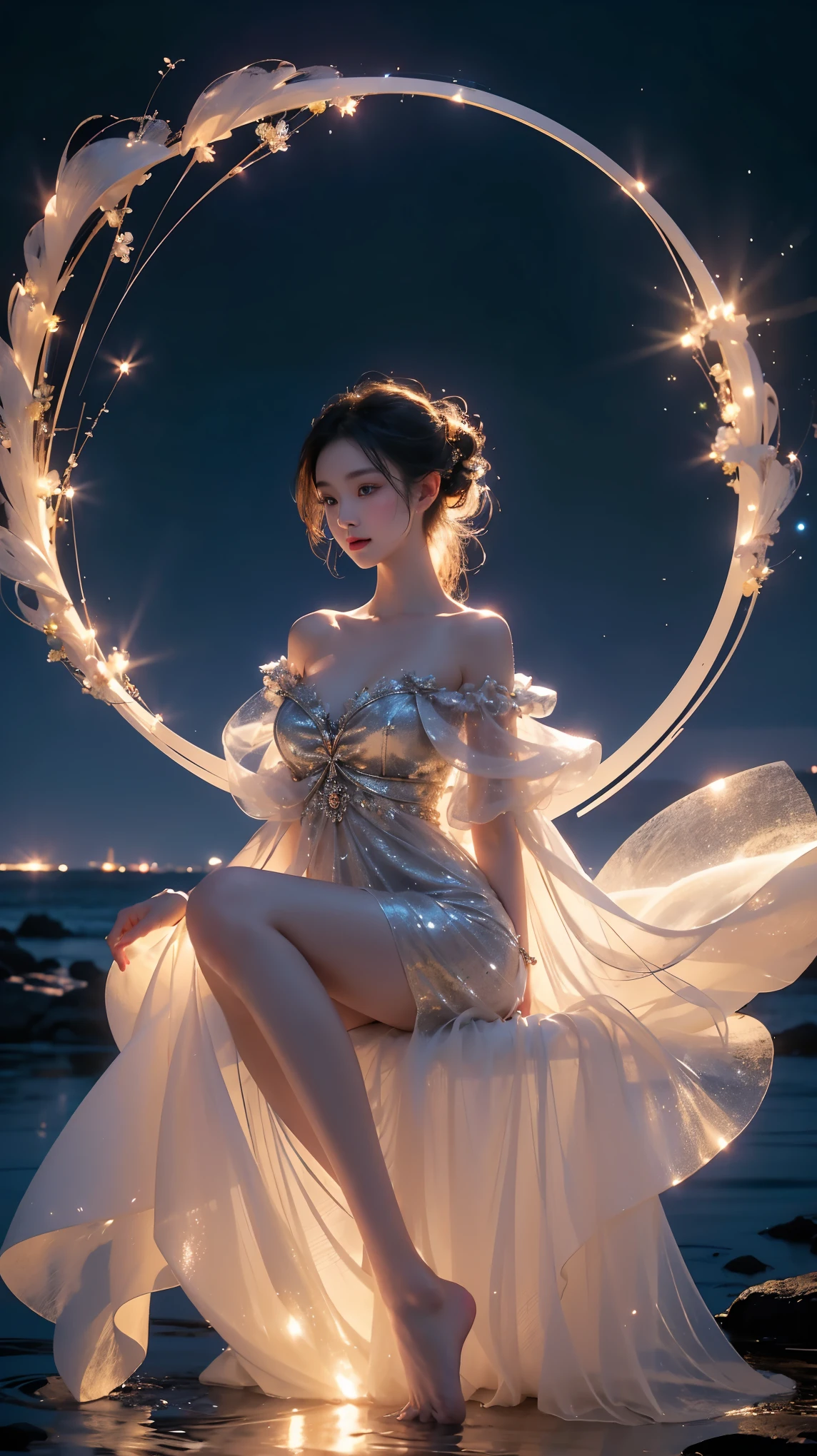 glow, (masterpiece, best quality:1.2), 1 girl, alone, ((off shoulder clothes)), ((night)), lantern, candlelight, Deep into wonderland，The moonlight falls like water，foggy room，The figure of the heroine is vaguely visible，Just like the fairy in the painting，Slender sexy legs，very nice legs，Show sexy，big breasts，美丽而又带着一丝mystery的色彩。Her face is beautiful and delicate，Like finely carved jade，Showing otherworldly beauty。eyebrows，The waves in my eyes are like twinkling stars，Show the light of perseverance and wisdom。The bridge of the nose is straight，Lip color like cherry，The slightly raised corners of the mouth reveal confidence and calmness。her face is chiseled，Skin as fair as jade，Reveal a healthy glow，Just like fairies, She never eats fireworks in this world。Her makeup is light and delicate，Not too much embellishment，But enough to show her temperament and charm。Light-colored foundation brings out the transparency of the skin，A light eyebrow pencil outlines her perfect eyebrow shape，Eye makeup is eye shadow and eyeliner，Make her eyes brighter and more energetic。嘴唇涂上grace的口红，Adds a bit of charm and sophistication。她的衣服grace别致，Clothes fluttering，It seems like it will be blown up by the wind at any time，drifting into the distance。既不失grace，Also showed off her extraordinary skills。Swinging with her movements。Her hair is tied back casually，Secure it with a hosta，A few strands of hair flutter gently in the wind，Adds a bit of softness。Her figure is looming in the fairyland，宛如一道big breasts美丽的风景线，Attracted everyone&#39;s concern。She seems to be a fairy in wonderland，big breasts美丽、grace、mystery、and full of power。