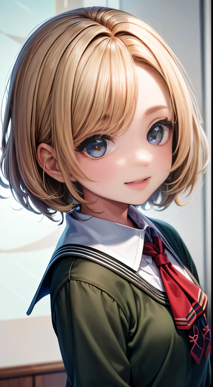 Calcinha branca,uniforme escolar,Khaki sweater,agachado,rosto fofo,Olhos grandes,sorridente,cabelo curto,cabelo dourado,olhos azuis,de baixo,na sala de aula,obra de arte, extremamente fino e lindo
