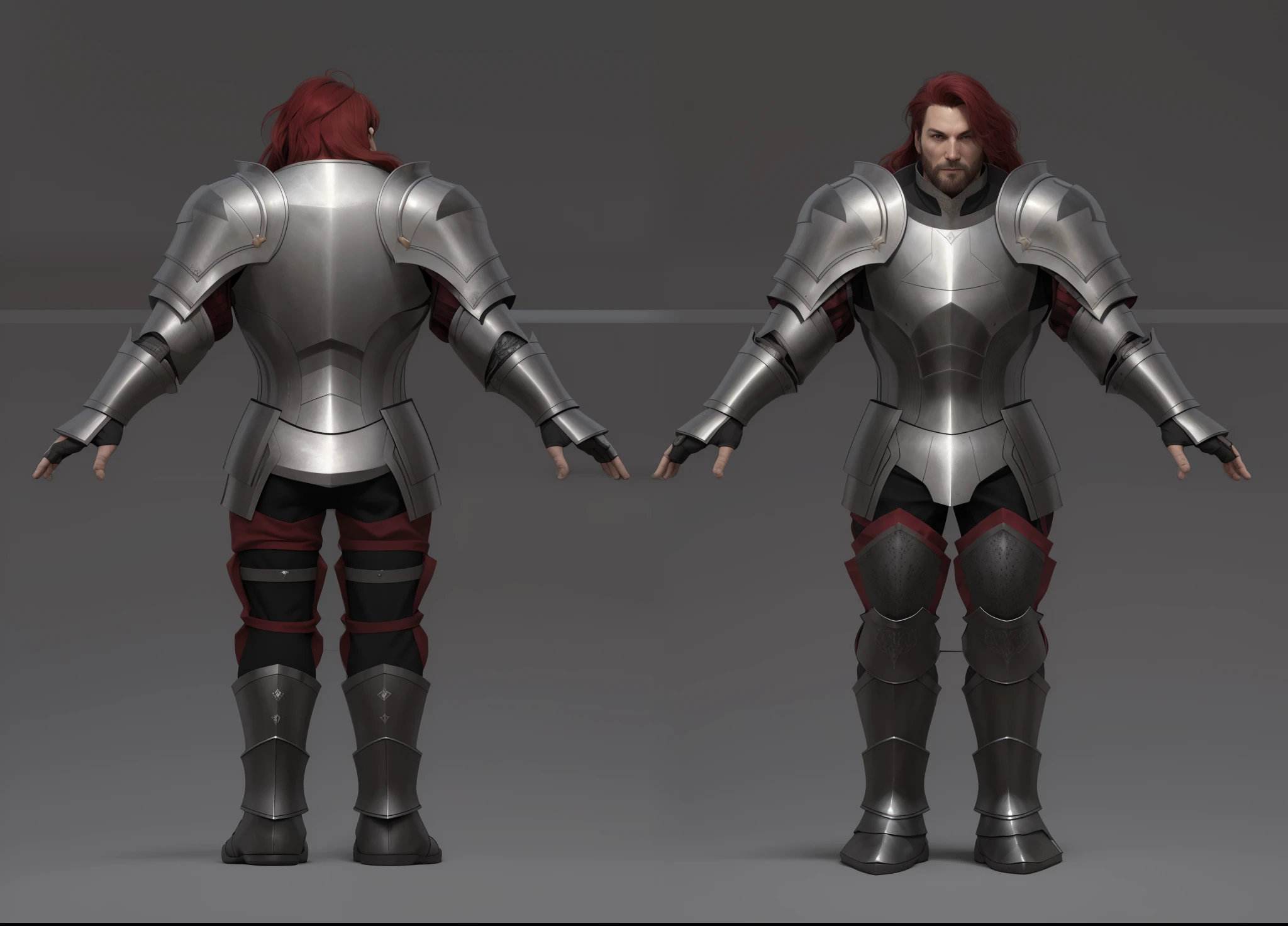 ( Realistic:1.33),(masterpiece:1.1),(highest quality:1.1),(HDR:1) a close up of a knight with black moonlit armor , full body concept, detailed full body concept, medieval imperial knight style character, full body character concept, new costume concept design, full body details, detailed full body concept art, full character body, character model sheet turnaround, fullbody shot turnaround, concept character sheet, full body concept art, reference model sheet , full body concept art, medieval style character, game character design, concept character, full body character concept art, 3d character reference sheet, male, video game character concept, detailed character design, character sheet, character model sheet turnaround , front and back, front and back, Imperial knight armor, dark red costume, medieval red Gambeson sleeve, (black steel boot armor), gambeson, black belt, black moonlit shoulder armor, grey clean background, 3D character