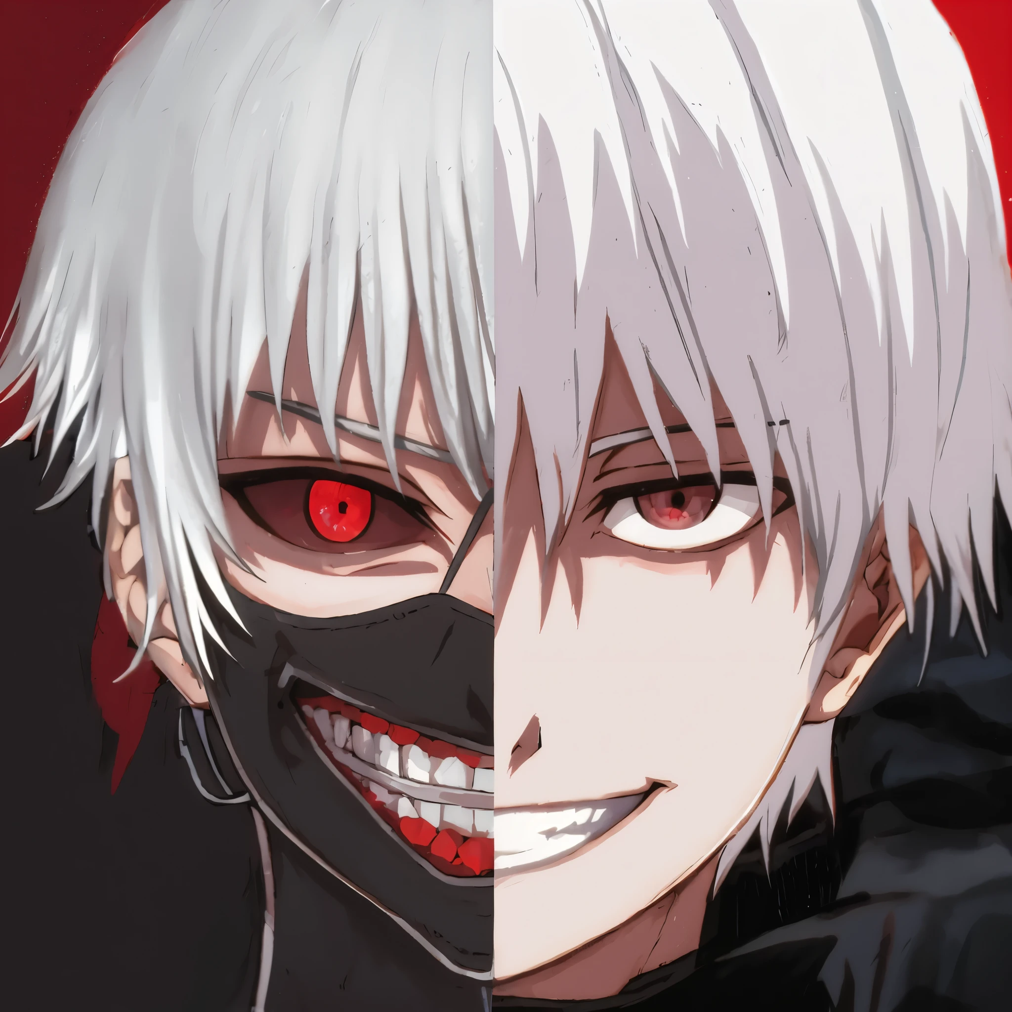  male role, man, 8K,SD 2.5，comics，Japanese comics《Tokyo Ghoul》Protagonist Kaneki Ken，Handsome man with white hair，One side of face is cold，One side of the face is darkened，Wears a black half-mask，red pupils，evil smile，handsome face，close up，full painting style，Two dimensions，fine face，Original picture，