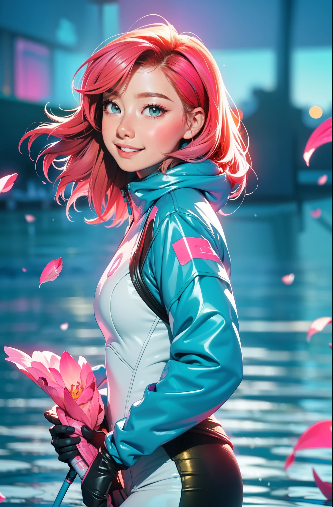 Eyeglasses, Vision Pro googles, cyberpunk female woman (chromatic accents:1.1), sleek pink and White full bodysuit, side view turning to face camera, (Petal Blush, Lagoon Blue color background:1.3), amazing smile, looking at camera, golden hour