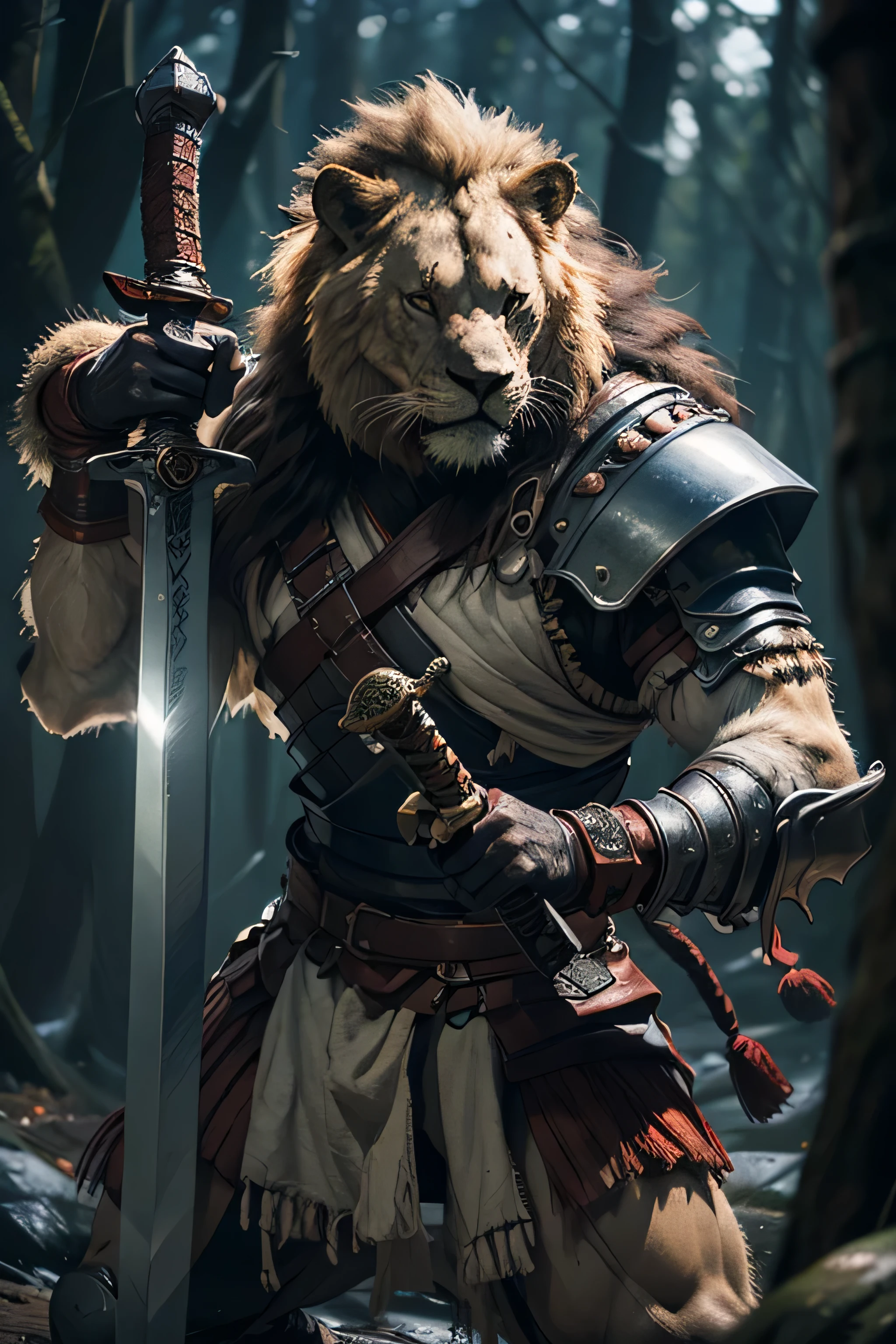 (master piece:1.5), (best quality:1.5), (cinematic lens effect) (Photorealistic picture) (Card game image) 8k, wallpaper, dynamic pose, full body were lion warrior, scar in the eye, holding a great axe, ethereal lighting, sharp focus, highly detailed, realistic, cinematic lighting, studio quality
