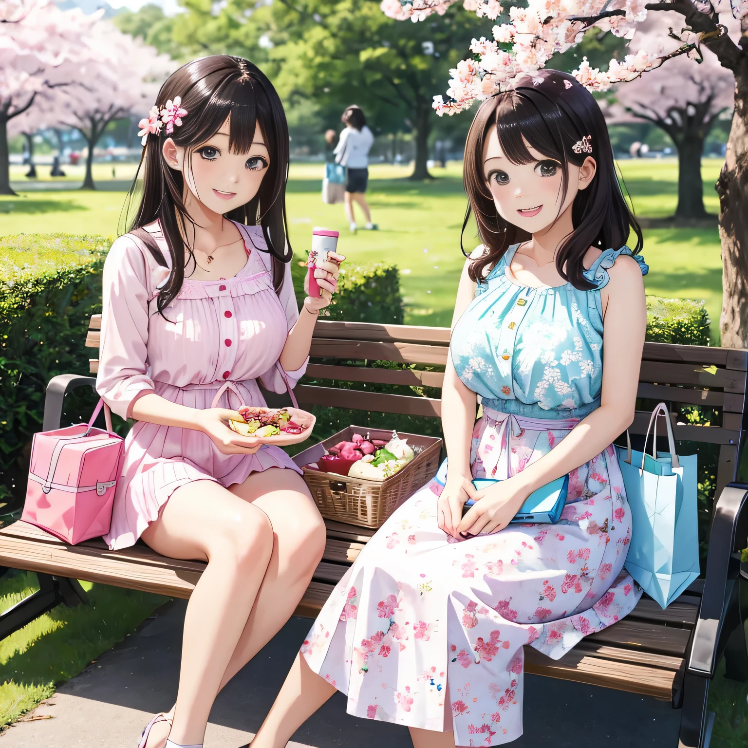 highest quality、High resolution、detailed background、beautiful and detailed face、beautiful and smooth skin、skin texture、professional lighting、Beautiful age girl、(two women)、(huge breasts:1.2)、cute hair color、Cute Braid Hairstyles、smile、enjoy、laughter、smile、sexual expression、looking at me so happy、
spring casual outfit、
Choose tops or dresses with floral or cherry blossom patterns to create a spring-like atmosphere..、
Pair it with a pastel-colored skirt for a cuter look..、
my legs are、Pair it with pumps or flat shoes for a feminine look..、
Make it even cuter by using flower hairpins or ribbons as accessories..、
that is a typical spring event and is held in Japan to celebrate the blooming of cherry blossoms.、
Enjoy a picnic under the cherry blossom trees、Enjoy cherry blossom viewing in the park or along the river.、
We will provide a pad for you to sit on., Leisure sheets, blue sheets, etc..、
Cushions and folding chairs can also be used..、
Please bring your own food and drinks., alcohol, Bento, And sweets.、
that is common to enjoy lunch boxes and drinks in a picnic mood.、
that'It's also a good idea to prepare dishes that are perfect for cherry blossom viewing., Onigiri etc., sushi, And cherry blossom viewing bento.、
In addition to spending time under the cherry blossom trees、, You can also enjoy shopping and eating and drinking at nearby shops and food stalls..、
景色と舞う桜の花びらをenjoy, Play music and have fun with friends and family, Playing games, Chat with.