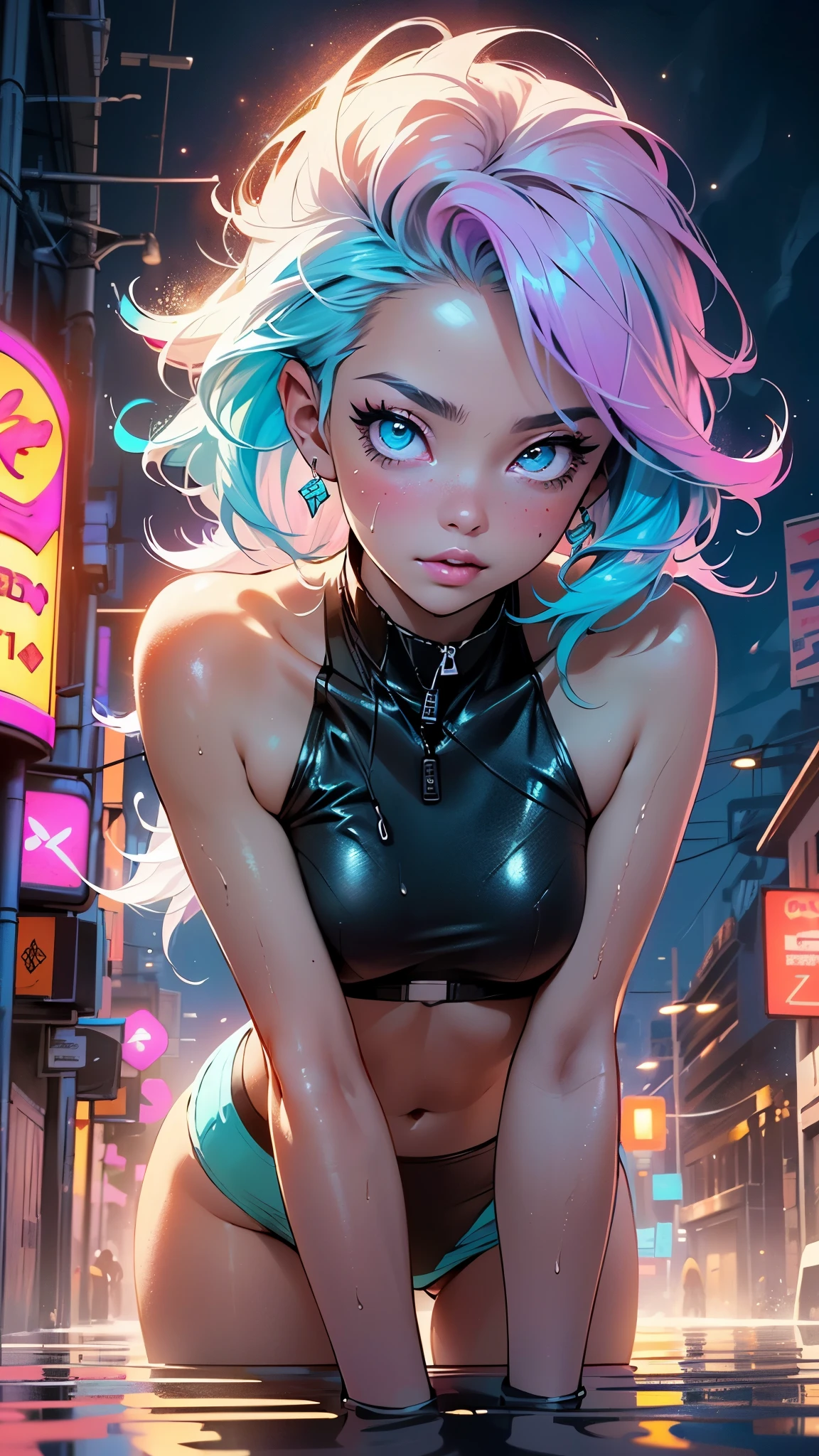 cute cartoon little ,(((little ,small tiny body,,chibi))),(((6 years old))),((extremely cute cartoon girl with liquid paint hair)),(((1 toddler:1.4))), (baby face), (round face),
(((flat chest))),(((short hair,liquid paint hair:1.1,neon purple hair|neon pink hair|neon blue hair|neon aqua hair|purple hair|fuchsia hair|fluorescent blue hair|amethyst hair|neon hair|bright pink hair :1.5,bright hair: 1.3,hair made of paint and defies gravity,thick flowing,paint splatter:1.3,shiny hair: 1.3,vibrant colored hair))),((heterochromia:1.5, (purple_eye and pink_eye))),intricate eyes,beautiful detailed eyes,symmetrical eyes,big eyes:1.5,((fat)),(((lustrous skin:1.5,bright skin: 1.5,skin tanned,shiny skin,very shiny skin,shiny body,plastic glitter skin,exaggerated shiny skin,illuminated skin,wet legs))),(detailed body),(detailed face),
cute,slutty,seductive,erotic,(((nsfw))),
revealing clothing,show skin,(wearing a Neon color theme clothing:1.3,micro clothes,fluorescent and neon clothing,rave fashion,micro crop top,micro skirt,visible thong straps,accessories LED),((underpants strap)),((wet clothes,intricate outfit,intricate clothes)),
(dynamic pose:1.0),solo focus,embarrassed,(centered,scale to fit dimensions,Rule of thirds),
cyberpunk city by the ocean at night, with bright neon signs and dark stormy clouds and puddles, scenery:1.25,nighttime, starry night, cosmos,Very dark night that makes the neon lights stand out, very bright neon lights,nighttime, starry night, cosmos,
artistic photography,(photography taken by sldr),highres, sharp focus,(ultra detailed, extremely detailed), (photorealistic artwork:1.37),(extremely detailed CG unity 8k wallpaper),((synthwave background theme)),(((vibrant colors))),intricate,(intricate background),(masterpiece),(best quality),perfect rendered face,perfect face details,realistic face,photo realistic,analog style,((intricate detail)),(((realism))),
