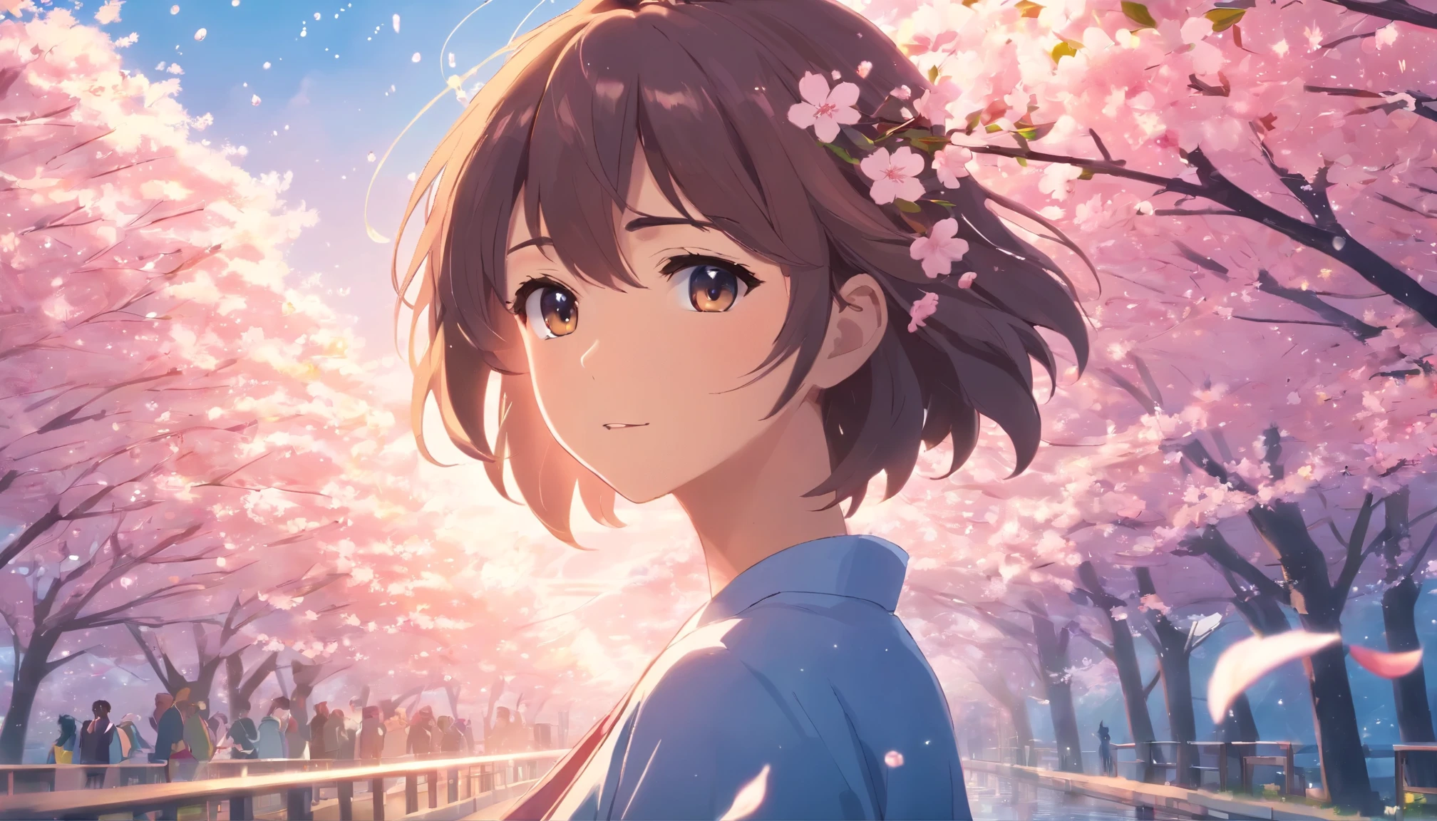 beautiful cherry blossoms in the wind, With dewdrops sparkling on the petals, Amazing anime art style, vivid colors, Soft and dreamy lighting, High resolution and realistic details.