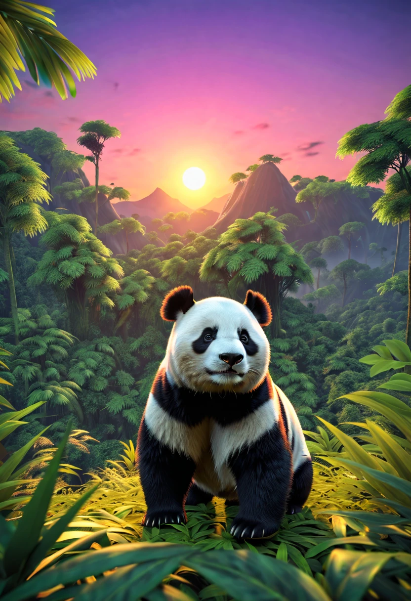 ((panda:1.5, ultra detailed:1.4, majestic, imposing, elegant, fearsome, among leaves in the middle of the jungle.:1.4),hyperrealistic, epic, ultra, Masterpiece, sunset lighting almost dusk, impeccable landscape, 32k,