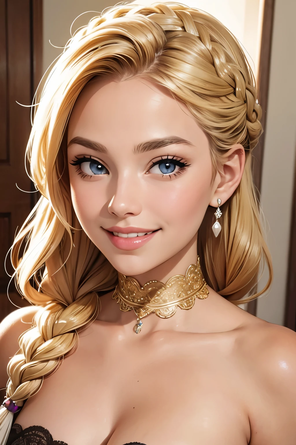 close up on face, blonde hair, French braid through hair, chignon, white and gold, filigree, choker, earrings, smile, smiling, big smile, very happy, full lips, full mouth, thick lips, thick mouth, puffy lips, puffy mouth, skin tight, hair bow, strapless, doorway