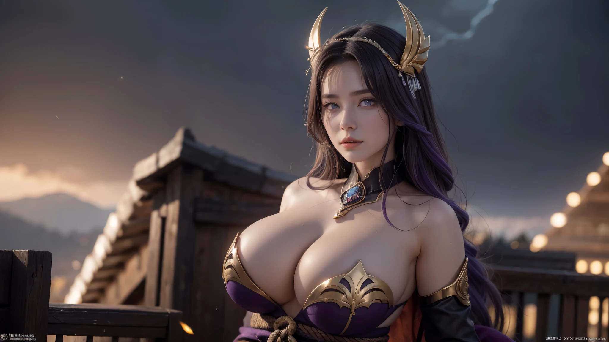(foto ultra realista, 8k hd, cheio de detalhes nas roupas e no rosto, obra de arte, Deusa da beleza). Shogun Raider from Genshin Impact is a sexy woman with long, flowing purple hair, que usa uma lingerie sexy altamente detalhada, She wears a jewel on the side of her head adorned with golden details and a jewel in the center. - Ela usa uma roupa roxa e rosa com detalhes dourados, com desenhos ornamentados em ouro. The upper part of the armor is tight to the body, destacando suas curvas. (ela tem seios longos, seios enormes e perfeitos emergindo de seu decote impressionante , erotic neckline, SEIOS pontiagudos, calcinha transparente mostrando a bucetinha, buceta perfeita)), corpo definido, corpo com curvas, bunda grande e empinada, buceta mostrando, His arms are covered in armored gloves with similar designs in gold and secured to the arm by straps... - A piece of cloth flows from his waist, complementando o visual da armadura. - Her face is very beautiful, She has light pink eyes and a serious expression. - No fundo, there is a dramatic sky full of dark clouds and lightning lighting up the scene, cinematographic. The full moon is also visible between the clouds. ((Super modelo deitada, sensualizando, mostrando peitos perfeitos ))