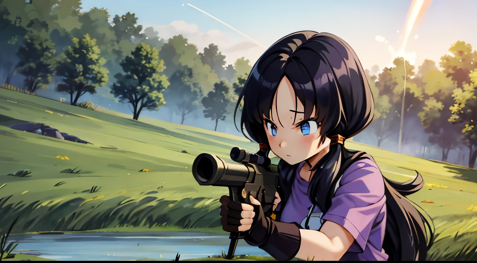  Assault rifle, combat girl, muzzle flash,purple bodysuit,streak,masterpiece, highest quality,High resolution, , 1girl,gun,girl,he saw,saw 2, blue eyes, black hair, Low twintails and short cut, dense forest,Bottomless swamp