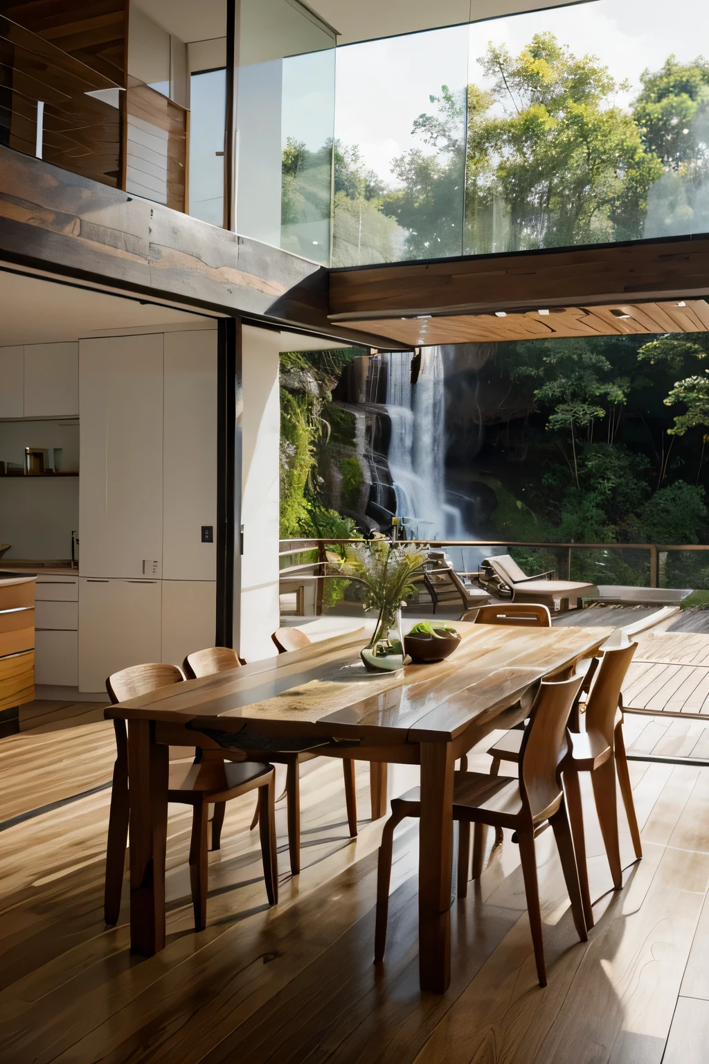 Mesa de madeira modelo cachoeira em uma casa moderna, imagem realista.