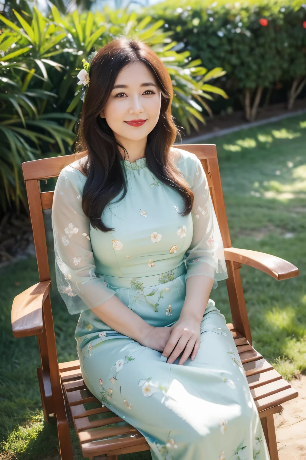 ((top quality、8k、masterpiece:1.3))、sharp focus, High level of image quality, high resolution,modern,lifelike,Green floral round neck dress,wavy long hair,Sitting on a beautiful chair on the beach,Sitting gracefully,Beautiful scenery next to the beach:trees、flowers and grass,35 year old female,Mature,charming smile,Draw lips correctly, red lipstick,Slightly fat,medium chest,full-body shot