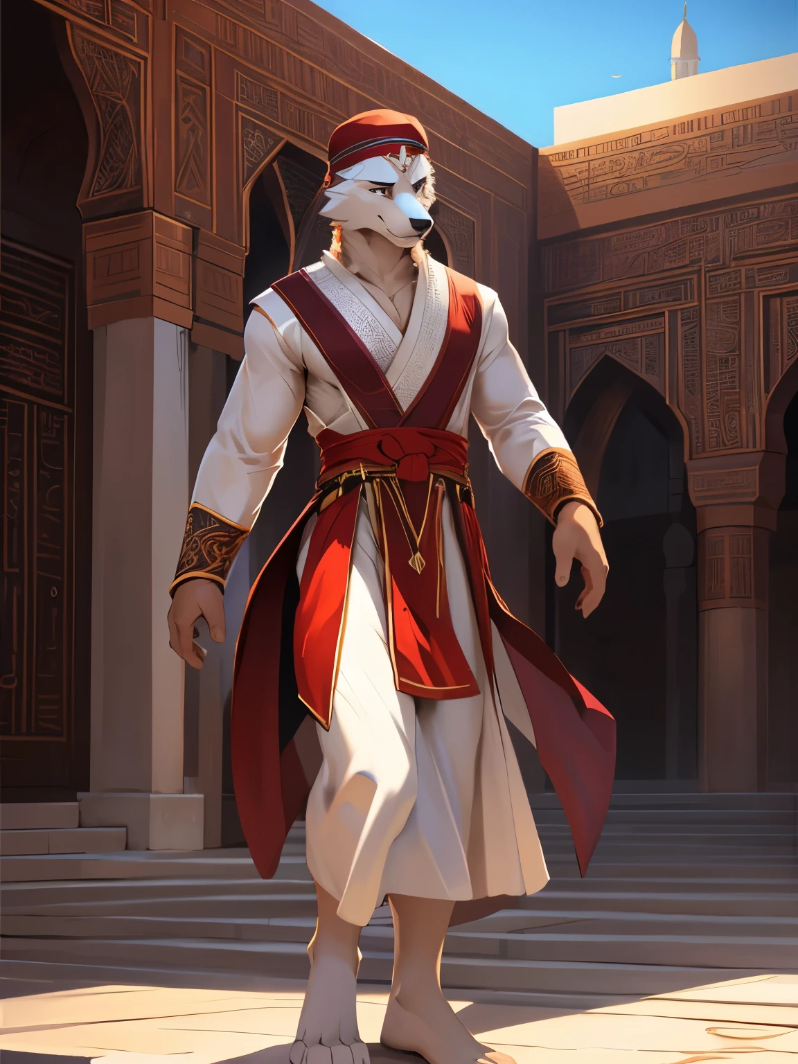 4k, high resolution, best quality, perfect colors, perfect shadows, perfect lighting, posted on e621, (by Chunie, by canyne khai, by t.y.starale), male, furry, Wolf anthro, solo, white fur, Silver eyes, (Realistic eye details 1.2), wearing Muslim clothing, wearing a cap on the head, arabic style, background of the mosque in the garden area, beautiful Arabic calligraphy, dress neatly, elegantly, Full body like, Slim body, abs, Masterpiece, His face was full of joy and pleasure, dramatic lighting, soft lighting, day, highly detail, Hair coiled, fit body, perfect male figure, Detailed fur, Detailed face, Perfect face, Detailed background, (Complex), (Super Detail), (Ultra Clear), (Best Quality)