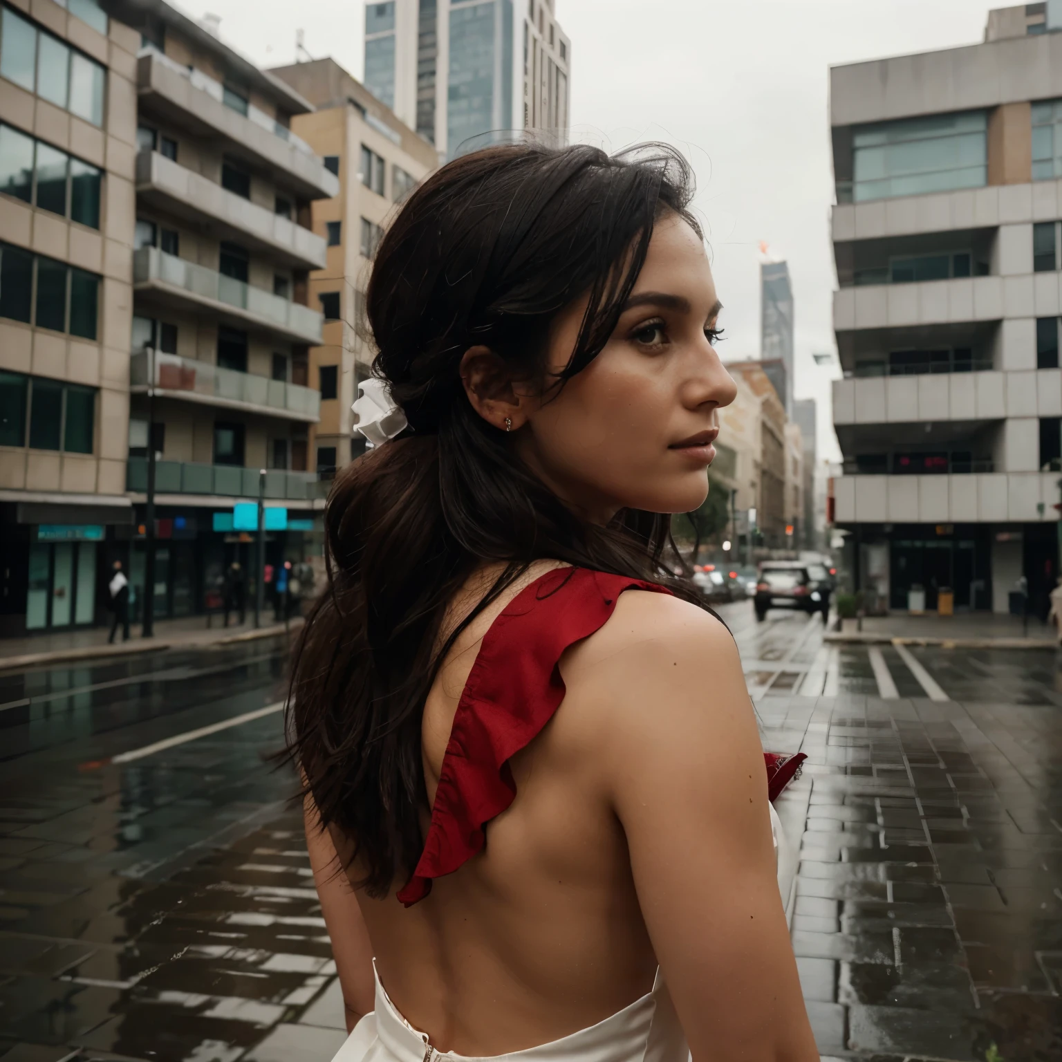 A woman' wearing a red wedding dress and headscarf is flying over the building..(((face Cleary visible)))...((there are black wing on the back)).. the background of the tall building and a bit of rain))))..(((the image looks crealy real high resolution)))..HD 8k