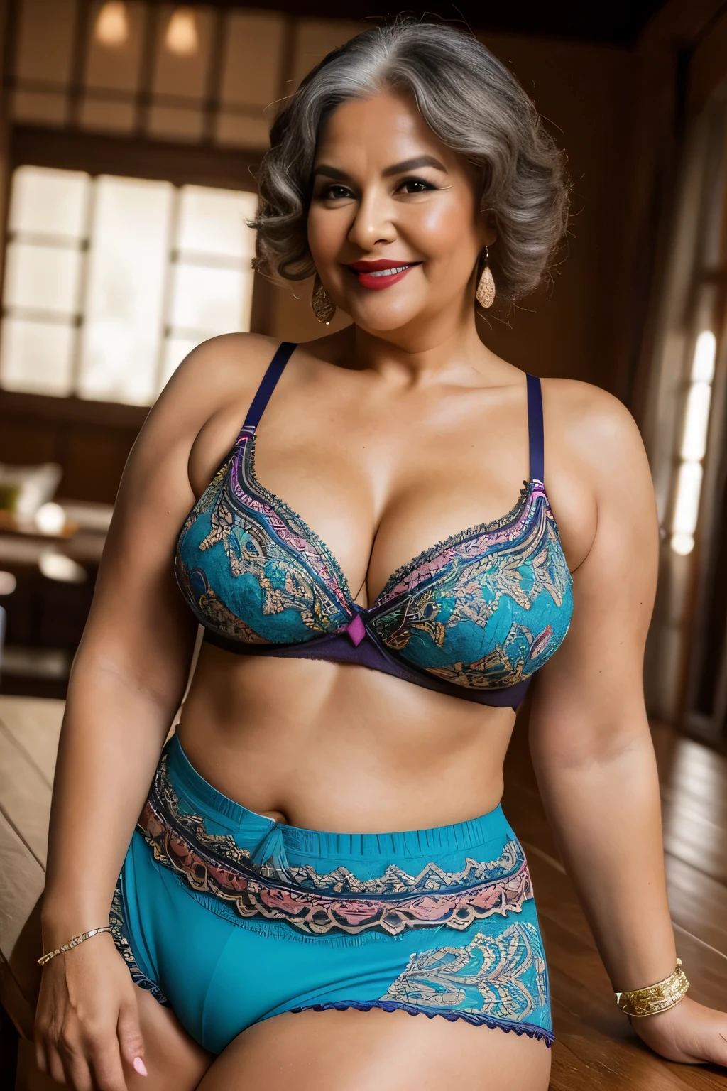 Gordinho, ((uma linda espanhola de 60 anoaduro), ((wearing beautiful colorful underwear with full, detailed coverage)), (Shorts de lycra), pele marrom, Gordinho, Realista, 8K high definition, incrivelmente detalhado, intricado, elegante, cabelo grisalho, maduro, rosto arredonde, senhora sedutora, (lar), puppy position, Brasileiro, It is, olhando para o espectador, cara feliz, Em uma mesa, Gordinho belly, (seios pequenos1.8), inventar, pulseiras, neckless, batom, sorridente