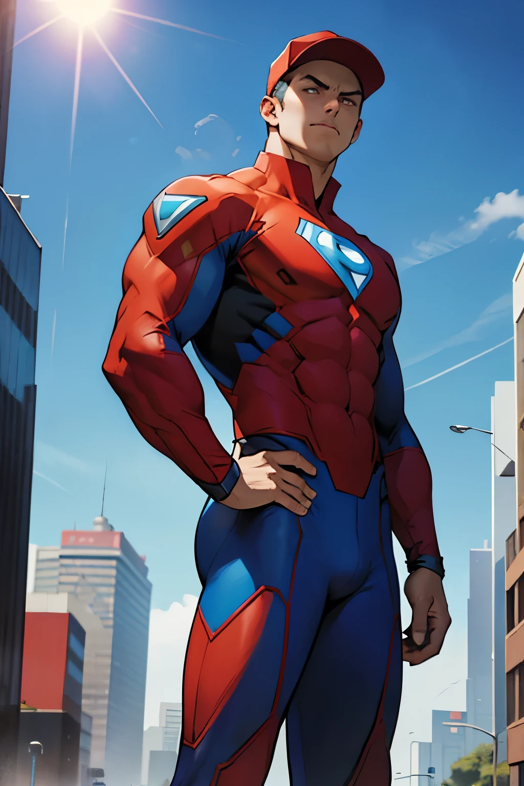 Normal hero man, dressed in a fitted red and blue superhero suit, standing confidently in broad daylight, sun reflecting off his chest emblem, hands placed on hips, gaze focused intently on an unseen threat in the distance.