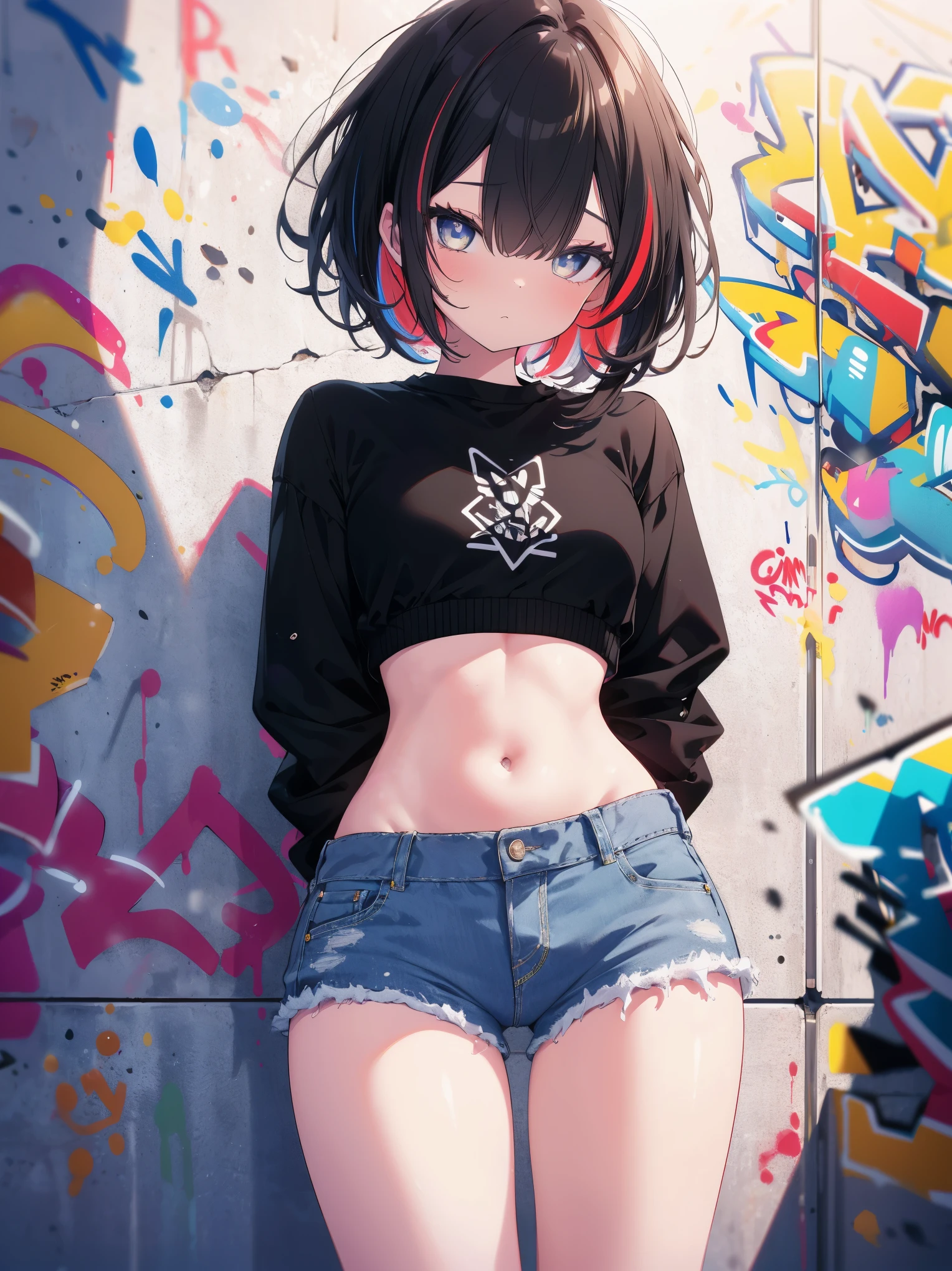 (cowboy shot), (best quality, ultra-high resolution, depth of field:1.2), adult, 1woman, toned body, medium breasts, wide hips, black hair, streaked hair, short hair, bangs, crop top, highleg bikini, denim jeans, (graffiti:1.4), paint-stained clothes, slouching, against wall, looking at viewer, upturned eyes, head tilt, bored, hands behind back, multiple points of view