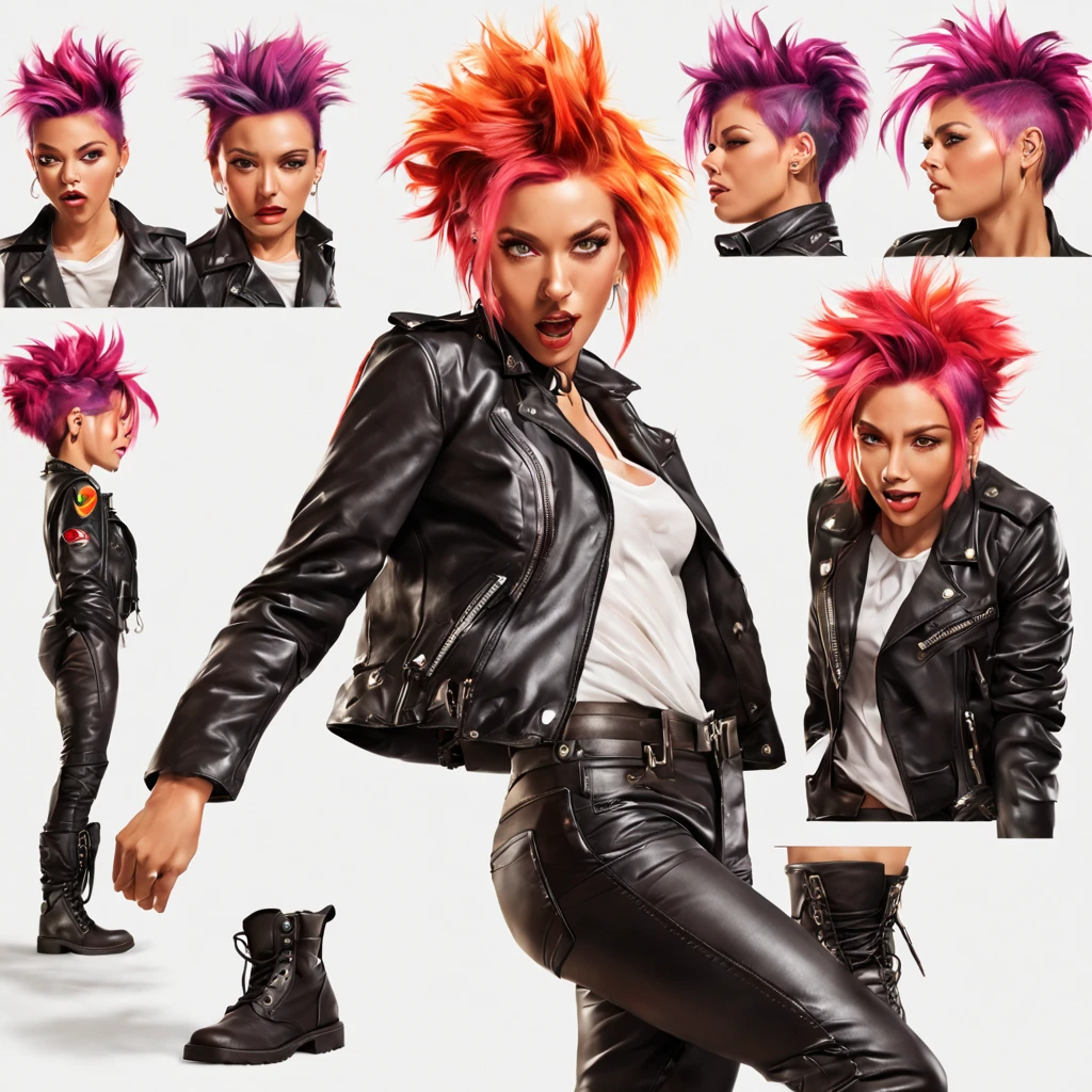 A cute man (dashing action hero in a leather jacket, leather pants, combat boots, loud brightly colored hairdo, cute face, stubbly bead) Is seen from multiple angles and a close up on face in a character design sheet