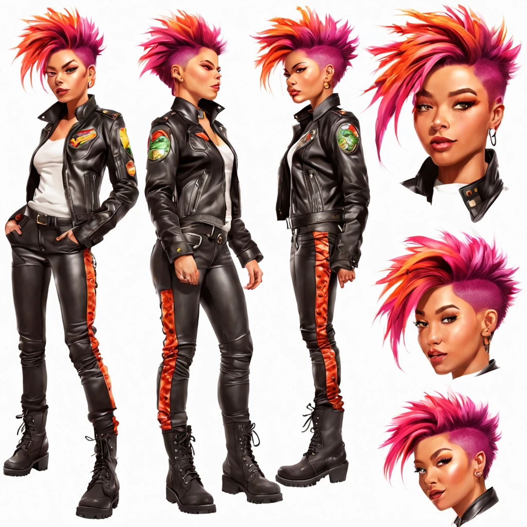 A cute woman (dashing action hero in a leather jacket, leather pants, combat boots, loud brightly colored hairdo, cute face),(his code name is 'Tater Salad'), Is seen from multiple angles and a close up on face in a character design sheet