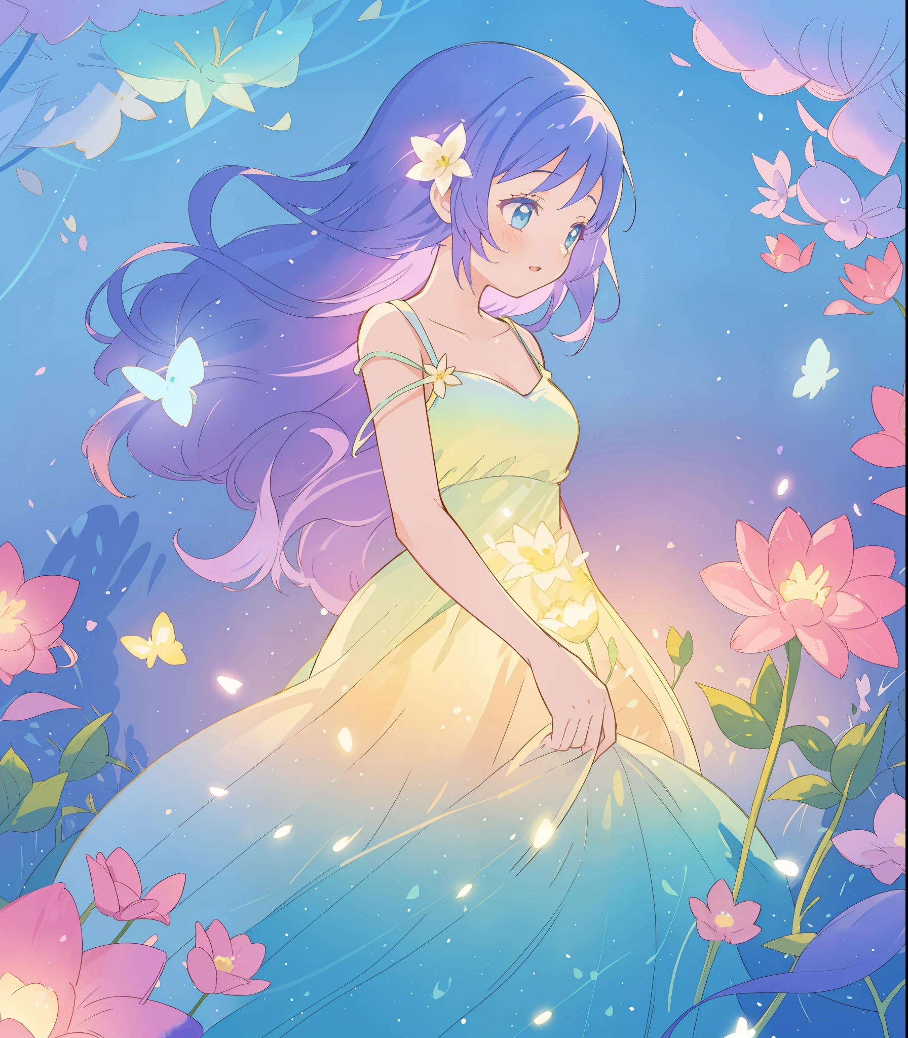 beautiful girl in yellow mint gradient flowing dress, long flowing blue purple hair, colorful fantasia background, watercolor illustration, disney art style, glowing aura around her, glowing lights, beautiful digital illustration, fantasia otherworldly landscape plants flowers, beautiful, masterpiece, best quality, anime disney style