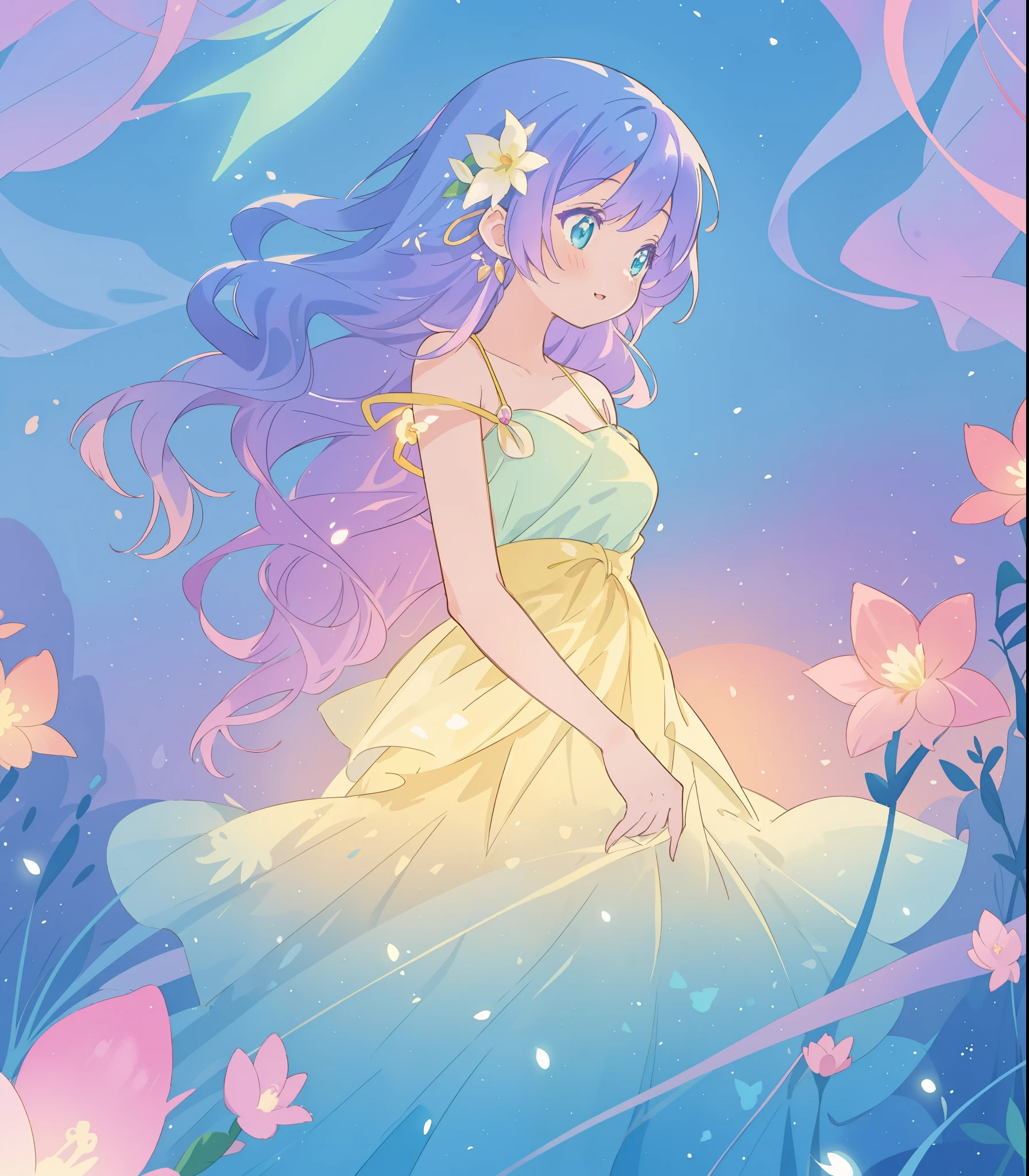 beautiful girl in yellow mint gradient flowing dress, long flowing blue purple hair, colorful fantasia background, watercolor illustration, disney art style, glowing aura around her, glowing lights, beautiful digital illustration, fantasia otherworldly landscape plants flowers, beautiful, masterpiece, best quality, anime disney style