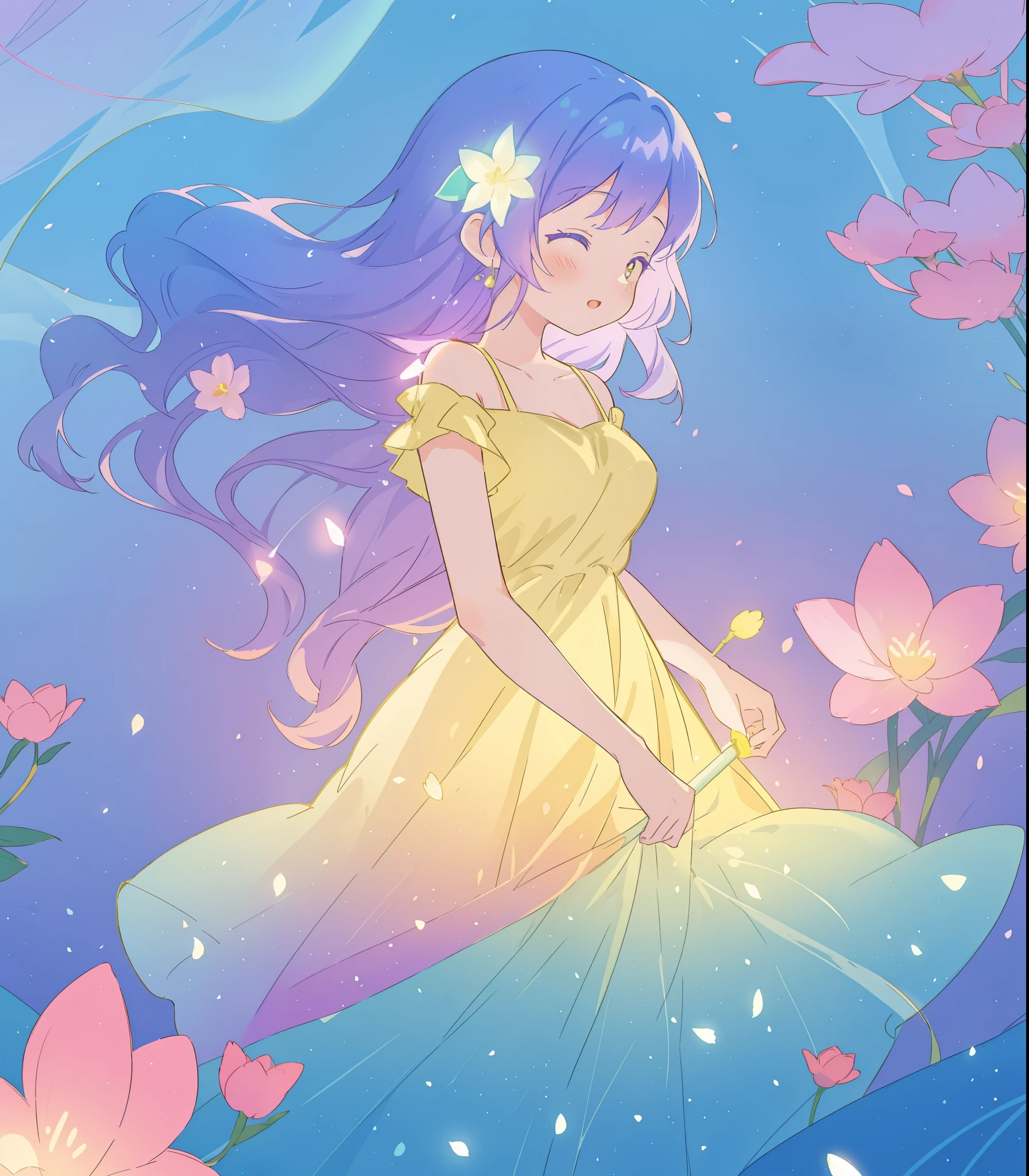 beautiful girl in yellow mint gradient flowing dress, long flowing blue purple hair, colorful fantasia background, watercolor illustration, disney art style, glowing aura around her, glowing lights, beautiful digital illustration, fantasia otherworldly landscape plants flowers, beautiful, masterpiece, best quality, anime disney style