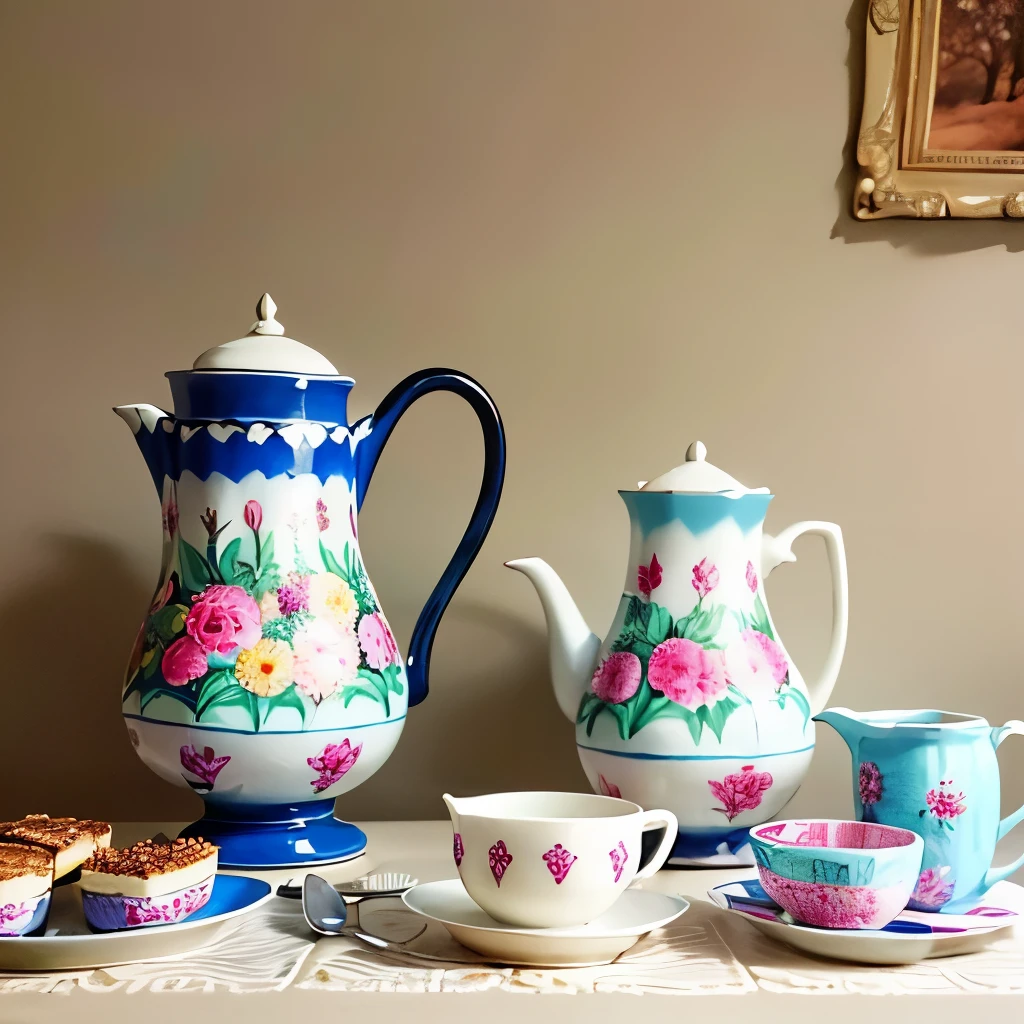 On the table, there is a cake plate, a pot, a cup, a milk jug, a sugar bowl, an oval plate, and a water jug.The pattern has wildflowers.,inspired by Annabel Keystone, Emma Bridgewater and Paperchase, Photographed for Ceramics Magazine, High quality product photos, by Annabel Keystone, sunny morning, by Lucette Barker, Hand Painted, Hand Painted