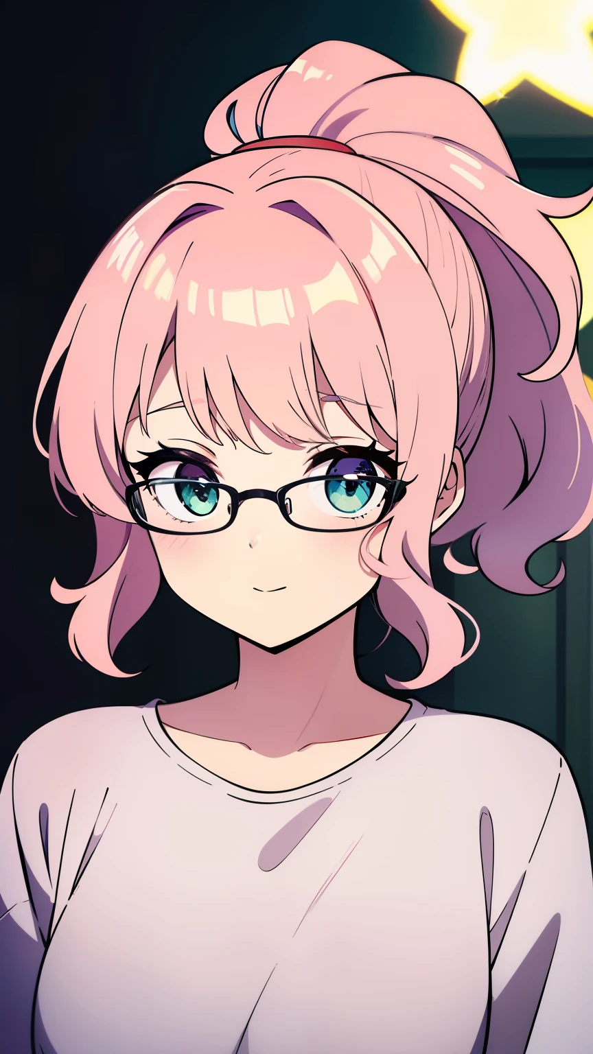 (high-quality, breathtaking),(expressive eyes, perfect face) 1girl, female, solo, teenager, soft light pink hair, green eye color, medium hair length, wavy curly hair, looking at viewer, half body, soft smile, kind face, shy girl, dark purple coloured shirt, stars on shirt, thin black frame glasses, loose pj shorts, cutesy bedroom background, fairy lights, cute ponytail, portrait, sickly, red scarf
