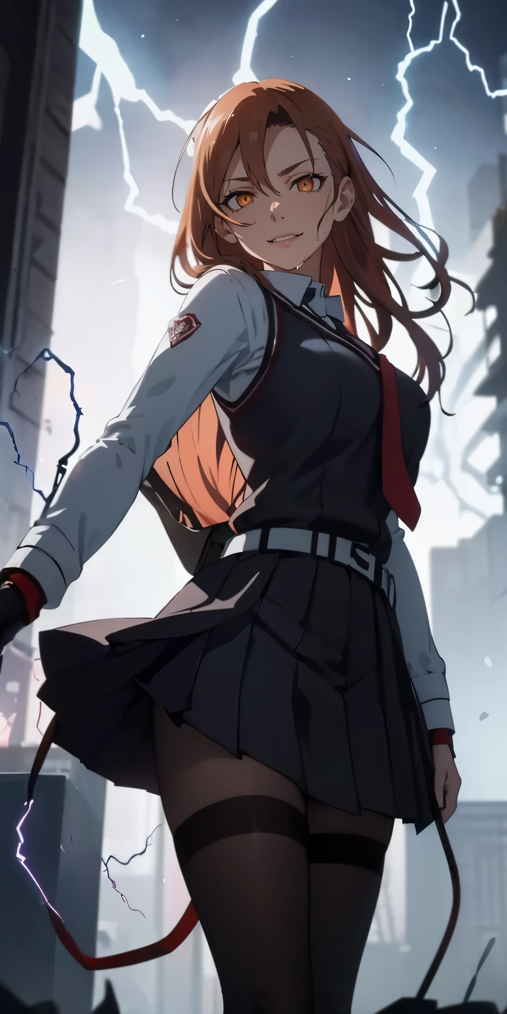 yuuki asuna, kizukiai, orang hair, brown eyes, long hair, braid, tokiwadai school uniform, huge breasts, sweating, glowing eyes, heavy breathing, 1girl, breasts, (electricity:1.4), large_breasts, skirt, blurry, pleated_skirt, depth_of_field, gloves, belt, school_uniform, long_sleeves, solo, looking_at_viewer, blurry_background, necktie, glow effects, godrays, Hand drawn, render, 8k, octane render, cinema 4d, blender, dark, atmospheric 4k ultra detailed, cinematic, Sharp focus, big depth of field, Masterpiece, colors, 3d octane render, 4k, concept art, trending on artstation, hyperrealistic, Vivid colors, extremely detailed CG unity 8k wallpaper, trending on CGSociety, Intricate, High Detail, dramatic,