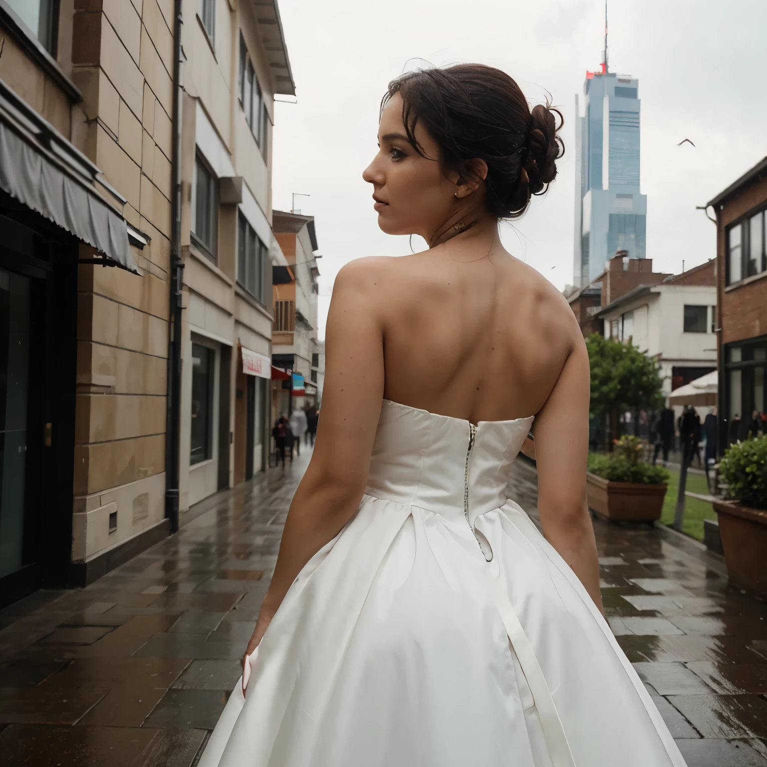 A woman' wearing a red wedding dress and headscarf is flying over the building..(((face Cleary visible)))...((there are black wing on the back)).. the background of the tall building and a bit of rain))))..(((the image looks crealy real high resolution)))..HD 8k