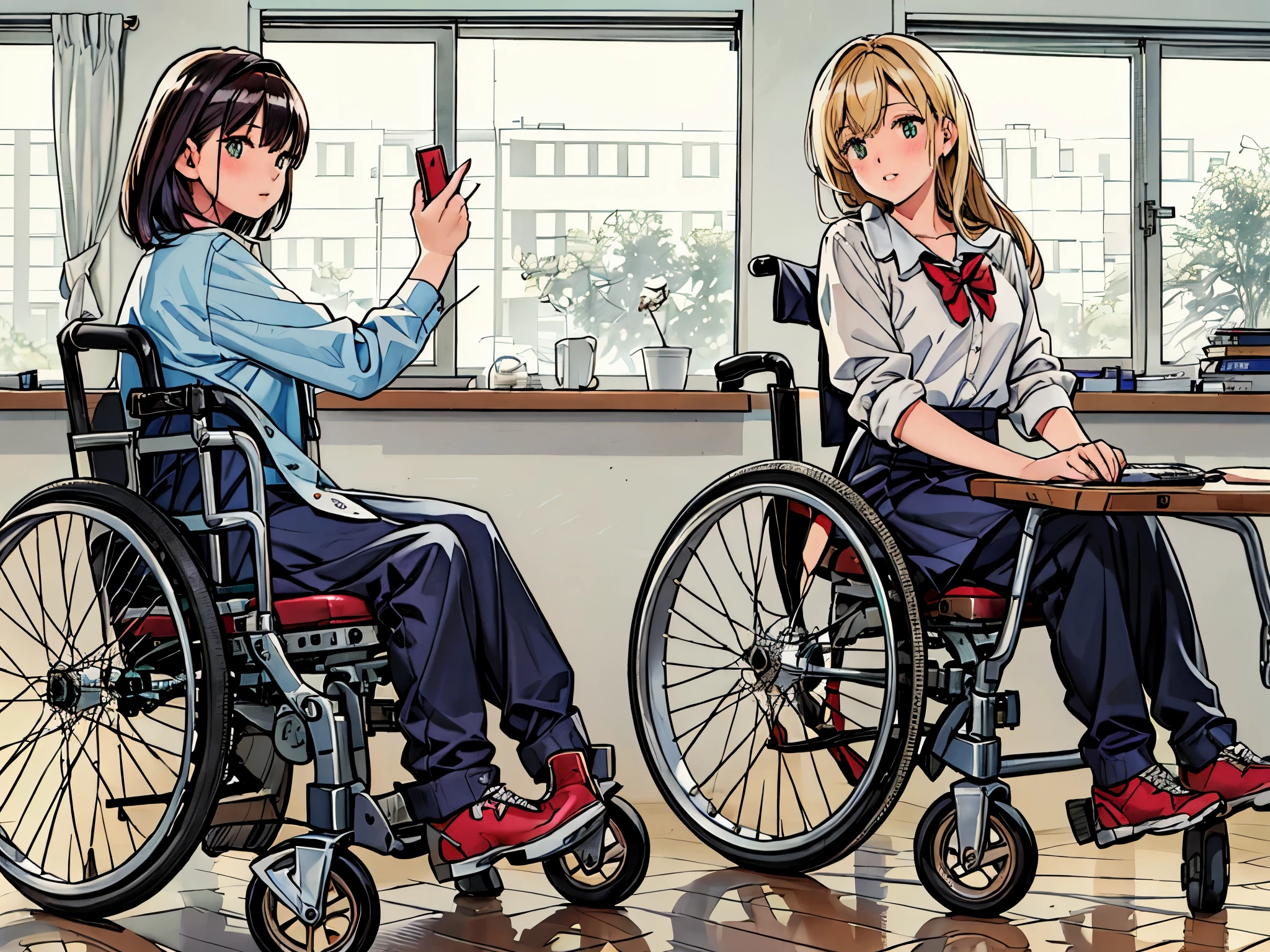 (best quality,4k,highres,ultra-detailed,realistic:1.2),inside the school,inside the classroom,two girls,shy,blush,nervous,extremely detailed eyes,faces to face,riding wheelchair,beautiful detailed eyes,beautiful detailed lips,long eyelashes,school uniform,blouse,skirt,shoes,vivid colors,portrait style,dynamic lighting,colorful scene,happy expressions,bookshelves,whiteboard,chalkboard,laptops,desk and chairs,learning materials,open windows,green plants,florescent lights