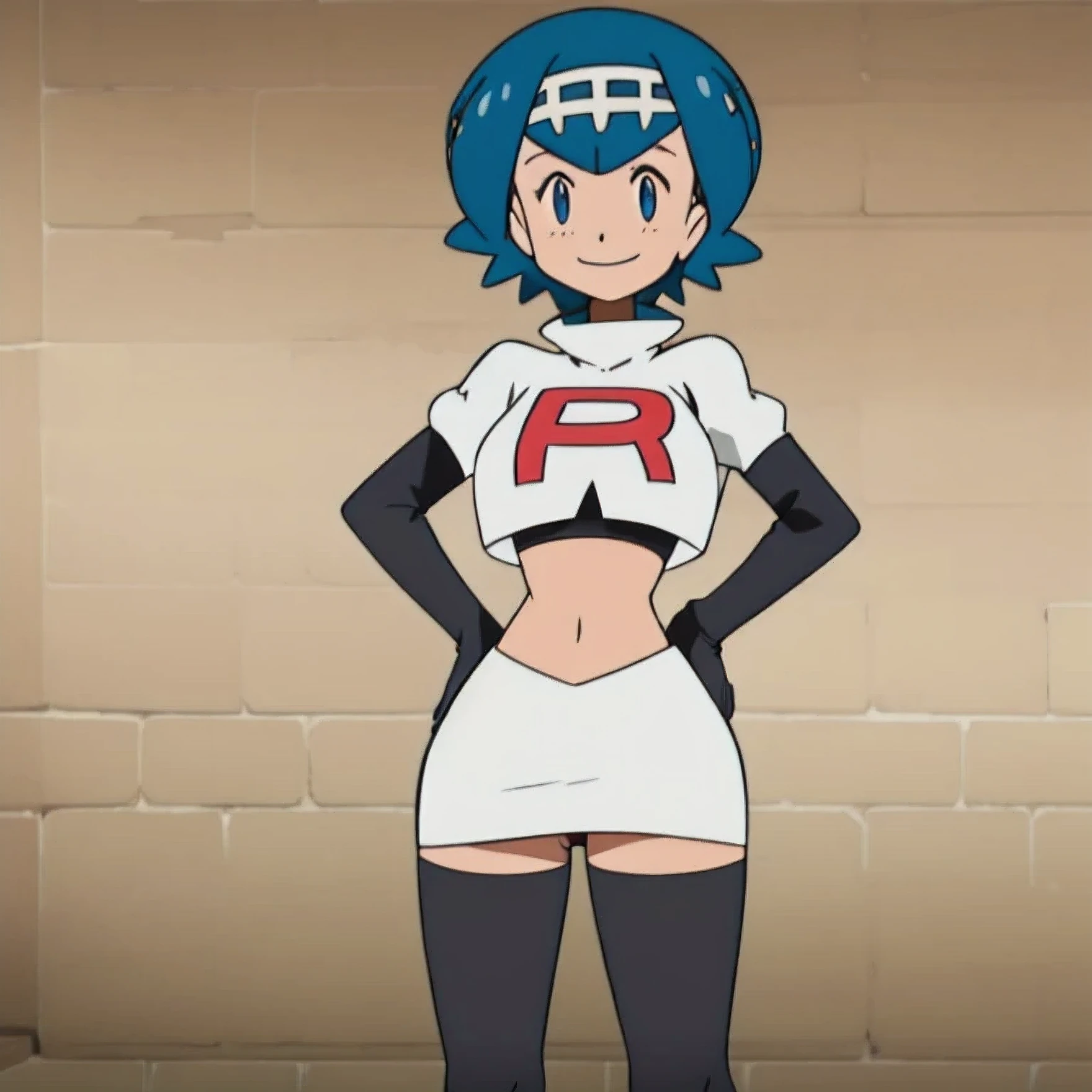 8k,1girl in, (solo:1.1), (perfect body:1.1), (best quality:1.1), very large breast, team rocket, team rocket uniform, red letter r, white skirt,white crop top,black thigh-high boots, black elbow gloves, smiling, looking down at viewer, hands on hips,zettai ryouiki,cowboy shot