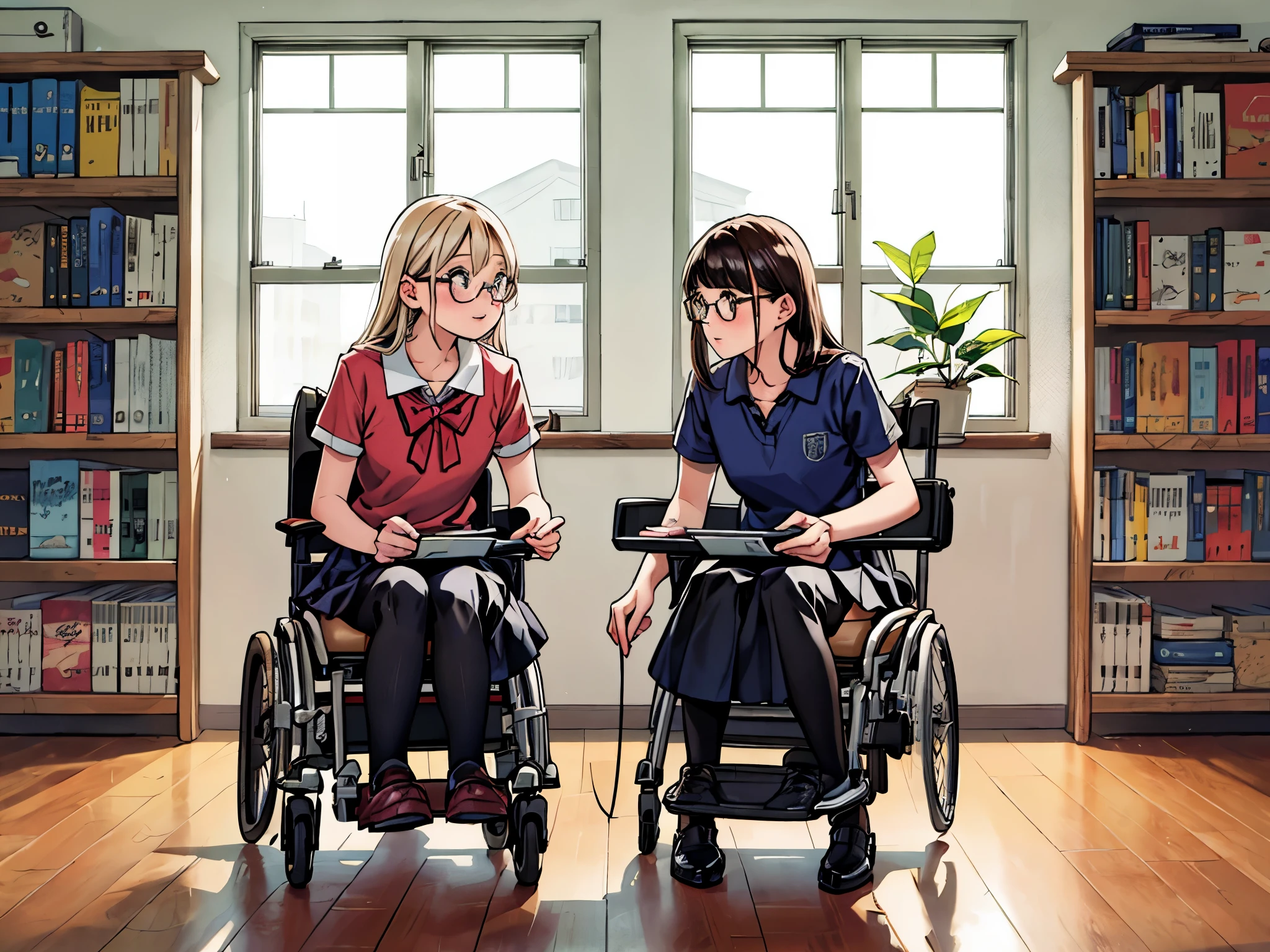(best quality,4k,highres,ultra-detailed,realistic:1.2),inside the school,inside the classroom,two girls,shy,blush,nervous,extremely detailed eyes,faces to face,riding wheelchair,beautiful detailed eyes,beautiful detailed lips,long eyelashes,school uniform,blouse,skirt,shoes,vivid colors,portrait style,dynamic lighting,colorful scene,two girls wearing glasses,happy expressions,bookshelves,whiteboard,chalkboard,laptops,desk and chairs,learning materials,open windows,green plants,florescent lights