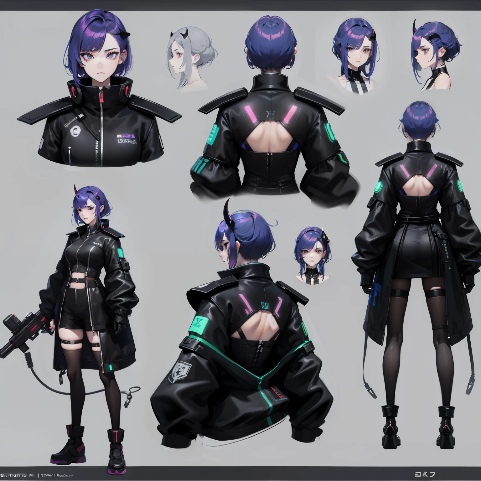Cyberpunk adventure game female character, whole body, (Hand-held laser gun)character design sheet, same characters, fallback-v4-3:2 air, (black eye stone, Devil short horn), Detailed face and body, futuristic clothing , High quality rendering.Three View,((Front view,side view,Back view))