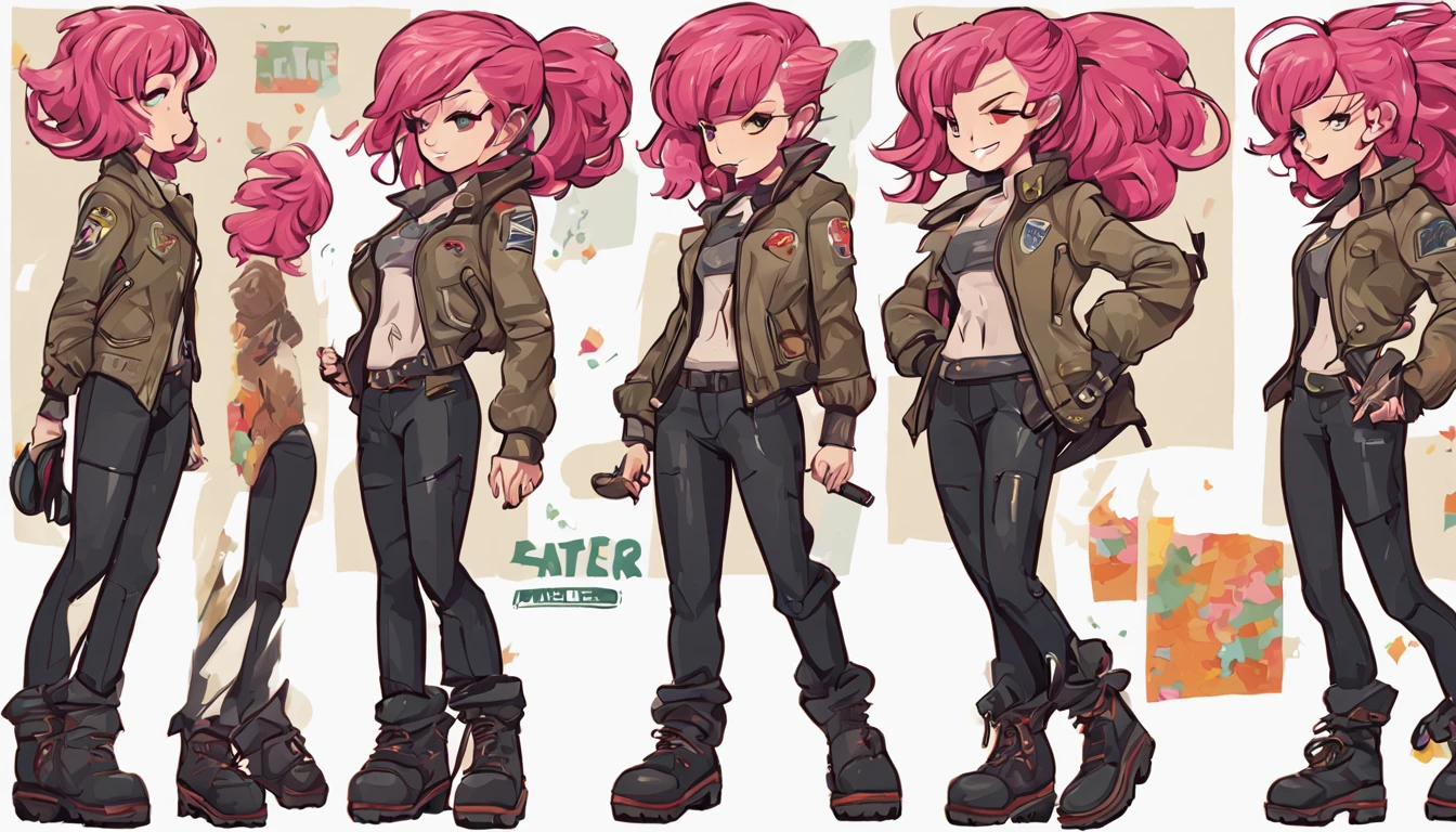 A cute woman (dashing action hero in a leather jacket, leather pants, combat boots, loud brightly colored hairdo, cute face),(her code name is 'Tater Salad'), Is seen from multiple angles and a close up on face in a character design sheet